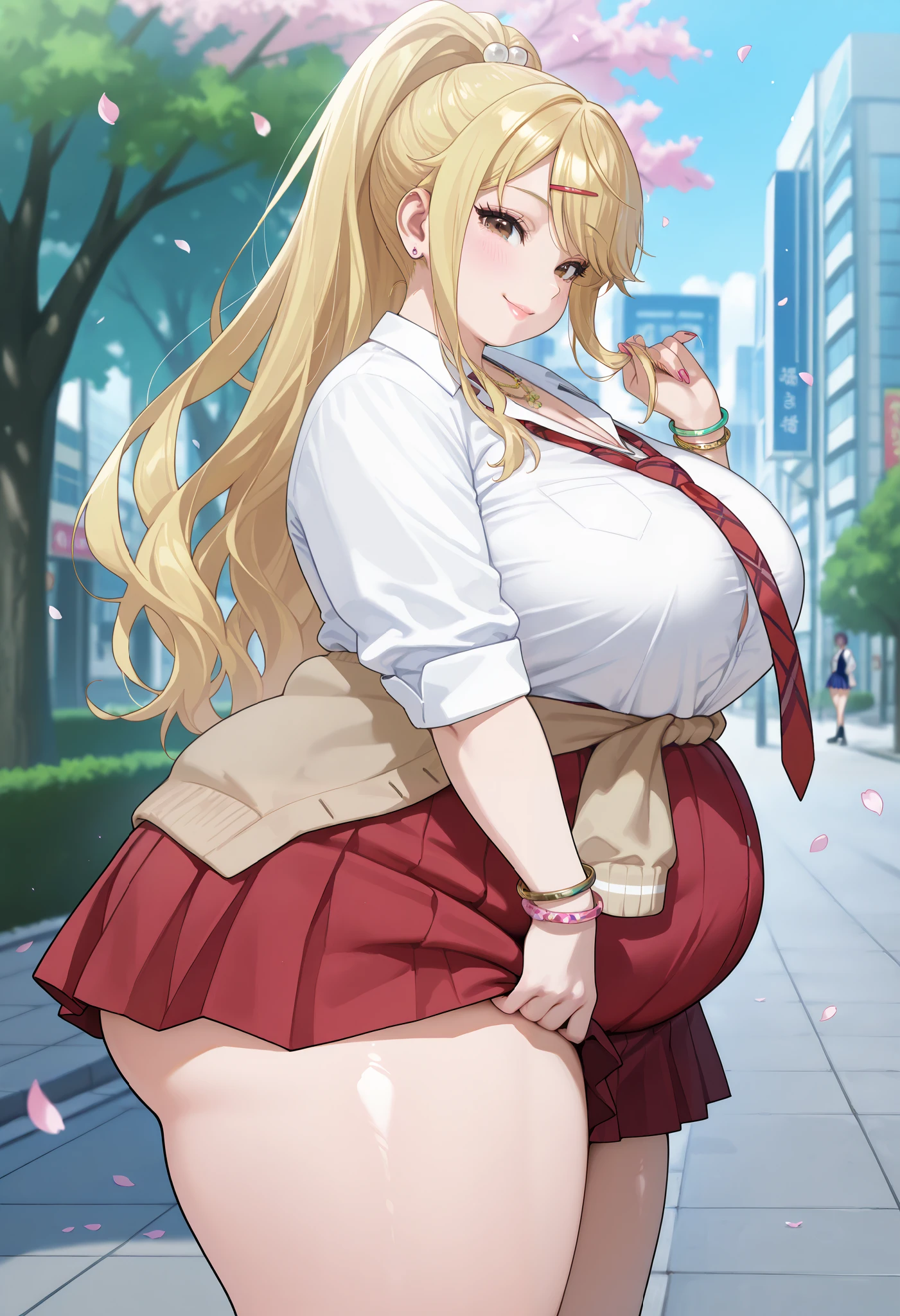 masterpiece,best quality,absurdres, amazing quality, shiny skin
tokyo \(city\), park, falling petals, cowboy shot, standing, wind, wind lif, smile, skirt lift, from side, smile, grabbing own hair, looking at viewer,
himariishikura, 1girl, blonde hair, shirt, white shirt, jewelry, hair ornament, hairclip, necklace, school uniform, necktie, high ponytail, brown eyes, red necktie, gyaru, clothes around waist, bracelet, collared shirt, large breasts, skirt, kogal, sweater around waist, red skirt, very long hair, hair bobbles, d, chubby, chubby girl, curvy, large breasts, lips, plump, thick thighs, thighs, (((oversized gigantic stomach)), curvy, large breasts, lips, plump, thick thighs, thigh, immobile