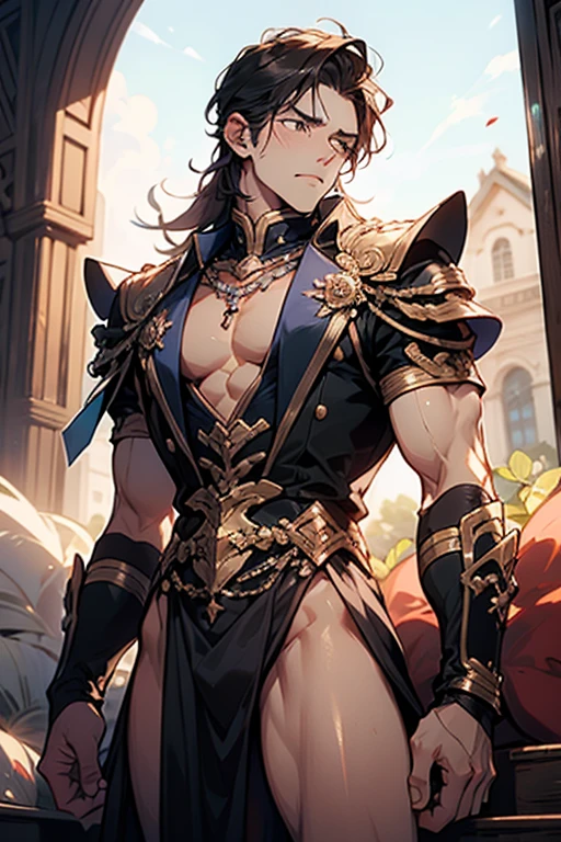 A man with short golden hair slicked back, his face entirely obscured by a Dynastinae concept mask, full mask, cold gaze, clad in an indigo blue fantasy-style Dynastinae concept chest plate, his arms and legs are clad in matching armor, he wears a white undershirt and trousers with golden stripes, standing within a magnificent fantasy-style palace, this character embodies a finely crafted fantasy-style masked light armor warrior in anime style, exquisite and mature manga art style, high definition, best quality, highres, ultra-detailed, ultra-fine painting, extremely delicate, professional, perfect body proportions, golden ratio, anatomically correct, symmetrical face, extremely detailed eyes and face, high quality eyes, creativity, RAW photo, UHD, 32k, Natural light, cinematic lighting, masterpiece-anatomy-perfect, masterpiece:1.5