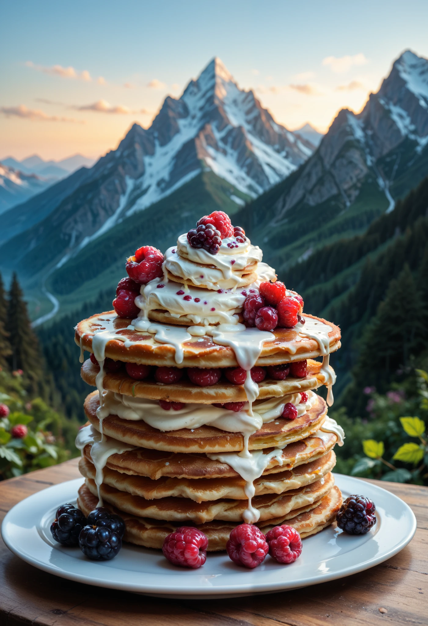 fluffy and fluffy large pancakes, decorated with a mountain of whipped cream and topped with beautiful berry sauce, ultra detailed, absolutely resolution, masterpiece
