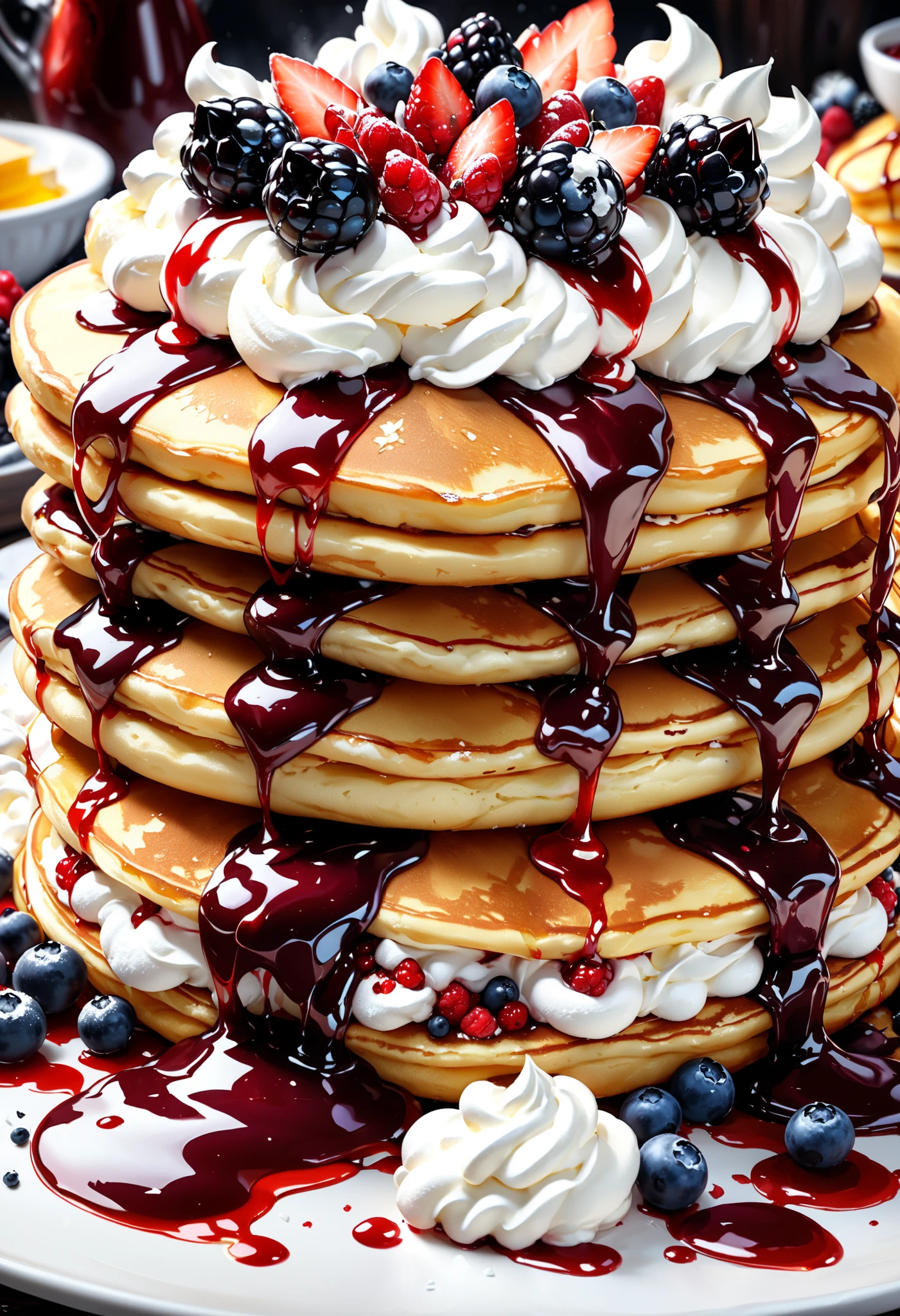 fluffy and fluffy large pancakes, decorated with a mountain of whipped cream and topped with beautiful berry sauce, ultra detailed, absolutely resolution, masterpiece