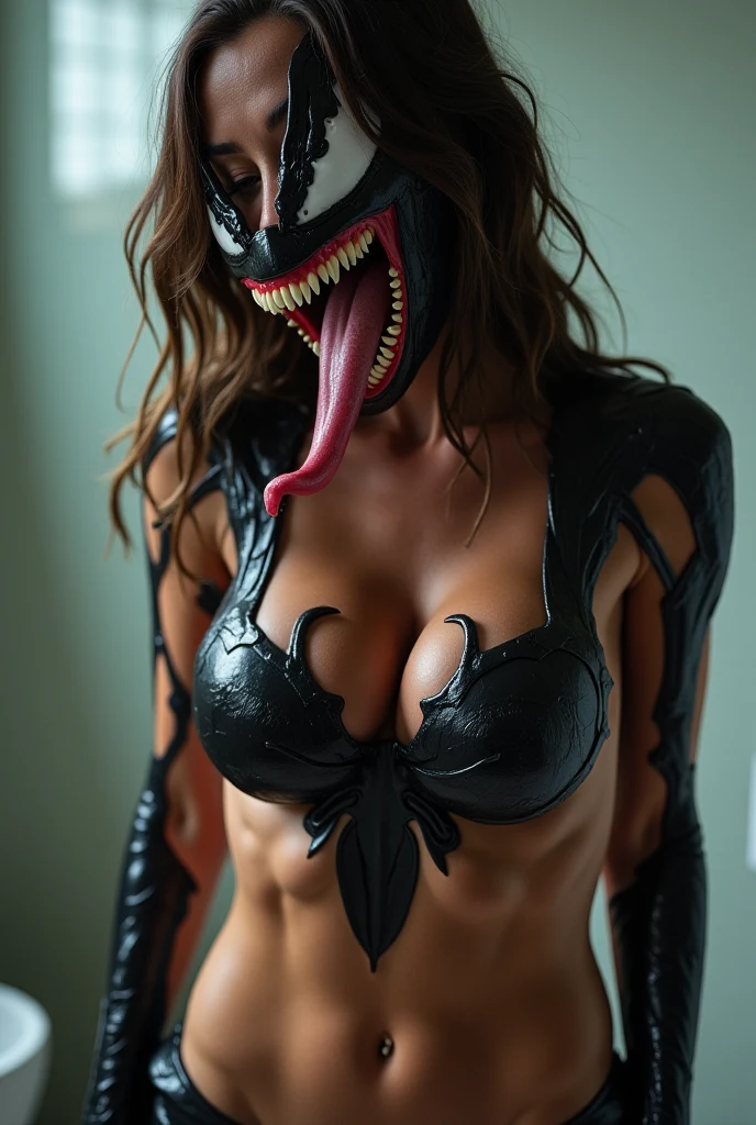 Symbiote girl, abs, happy smile, fangs, claws,blonde hair, flangs