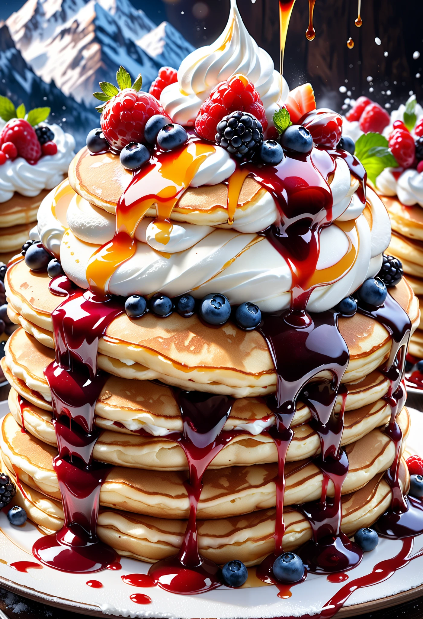 fluffy and fluffy large pancakes, decorated with a mountain of whipped cream and topped with beautiful berry sauce, ultra detailed, absolutely resolution, masterpiece