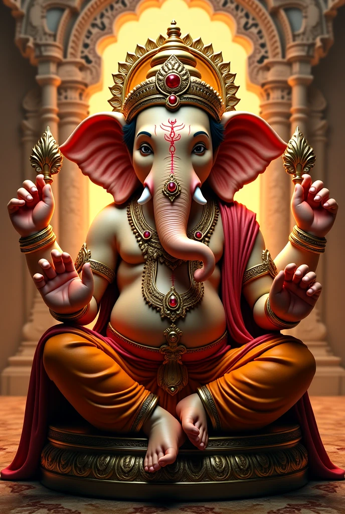 Seated on a lion, Lord Ganesh, leg near rat, 