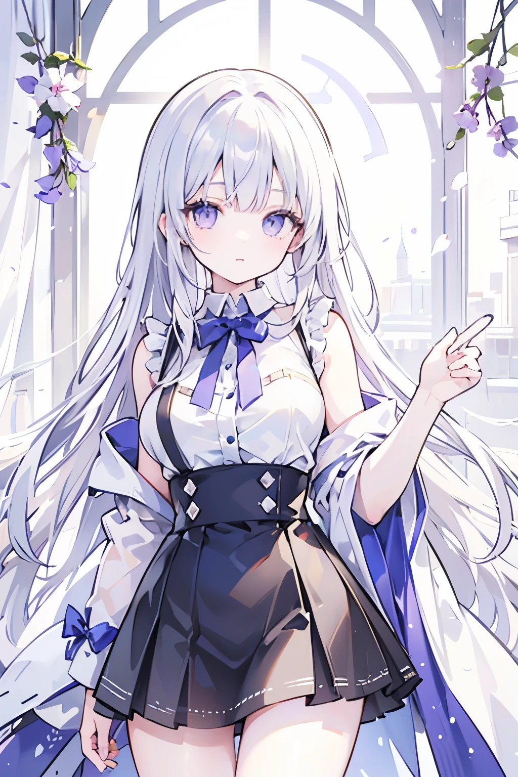 Anime girl with long white hair and blue dress posing in front of a ...