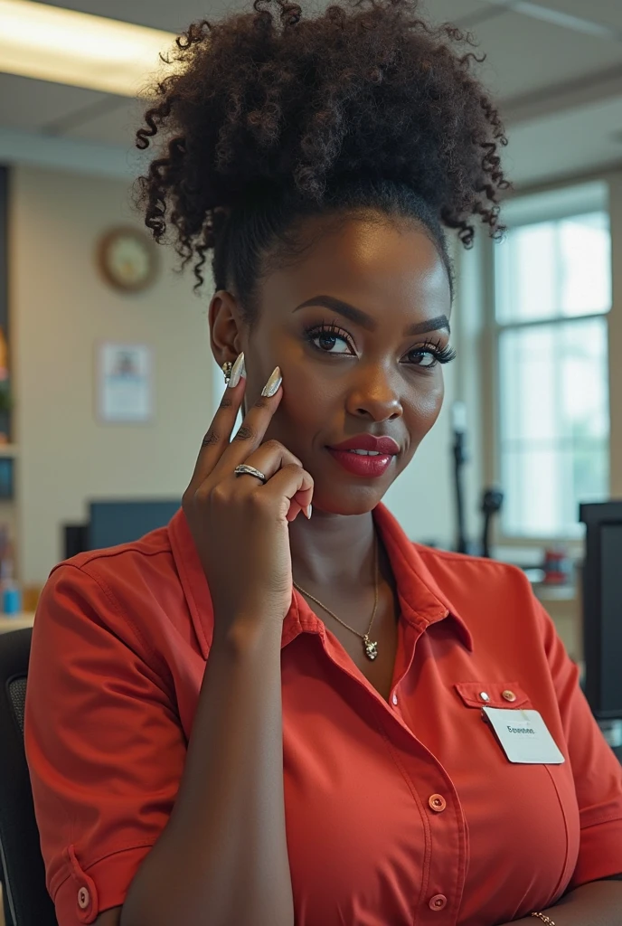 red hair color、Grey Business Suit、chubby elegant black woman (30 years old)smile, smile, smile 100%,(1 beautiful woman:1.33)、dark-skinned black man、black skin、short hair、Beautiful full body shot、detailed eyes and face、(Women at work)In the office)、smile、(beautiful lighting:1.3)、(Photoreal: 1.4), (Hyper-realistic: 1.4), (Realistic: 1.3), (Smooth lighting: 1.05), (Improved cinematic lighting: 0.9), 32K, 1 girl, 20 year old girl, Realistic lighting, Backlight, Face Light, raytrace, (Whitening light: 1.2), (Image enhancement: 1.4), ( Top quality real skins: 1.4), Narrow eyes, Fine face, Narrow eyes, (Body Line Mood Increase: 1.1), big breasts, Big, (Skin Texture Enhancement Beauty: 1.1),Raw photo、
