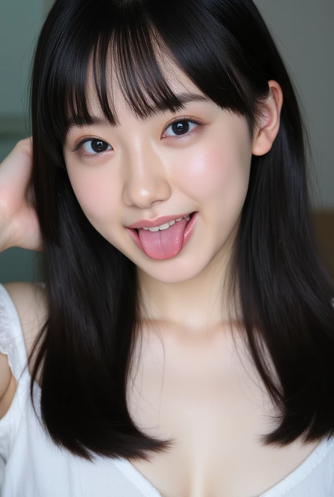 One girl, one girl, one person, long tongue, tongue out, sticking out tongue, sticking out tongue, open mouth and showing teeth, natural smile, (((salute))), salute, salute, Japanese girl, 20-year-old girl, beautiful, pretty face, cute face, mischievous expression, tank top,