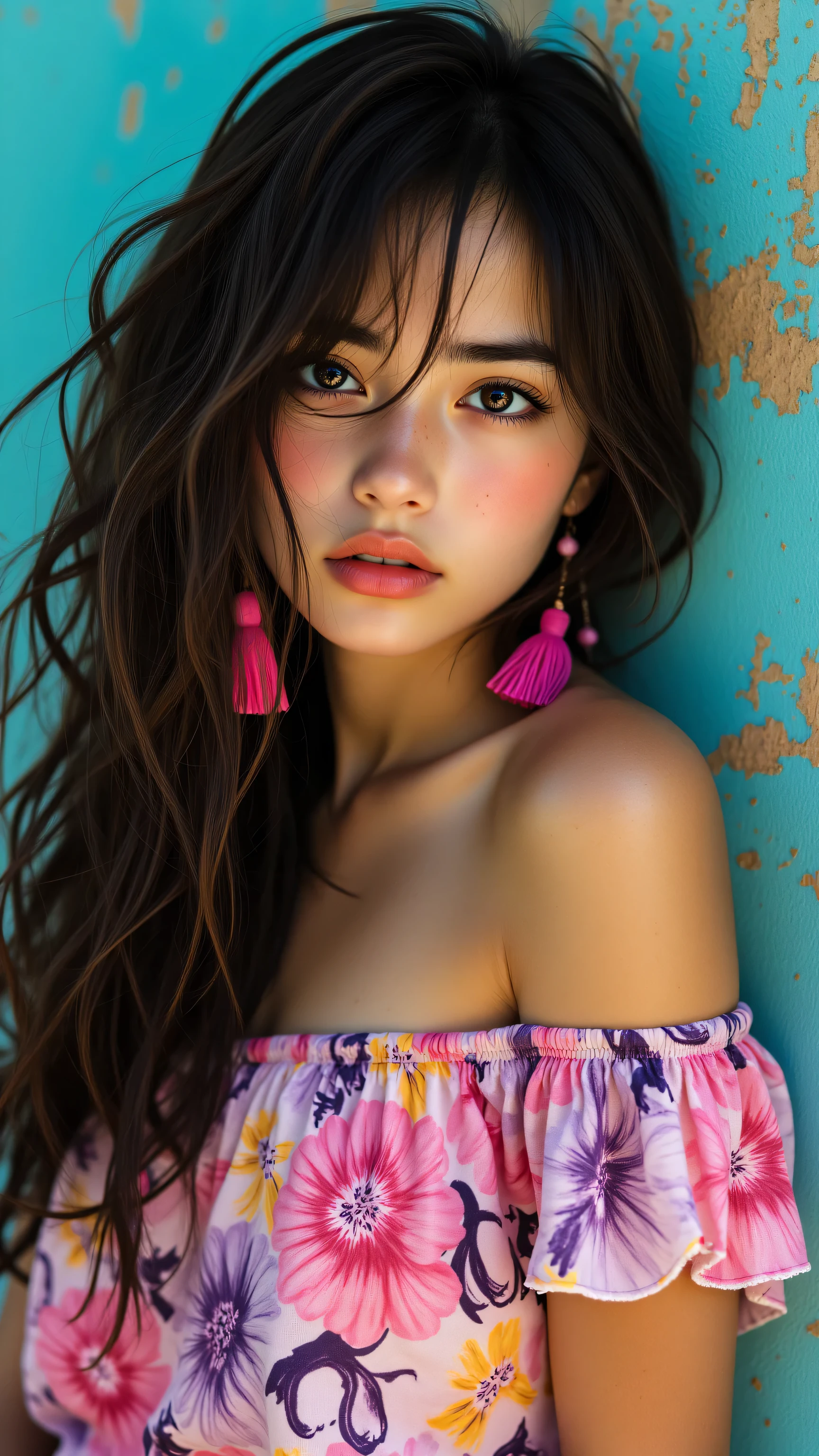 A close up of a woman with long hair wearing a pink dress - SeaArt AI