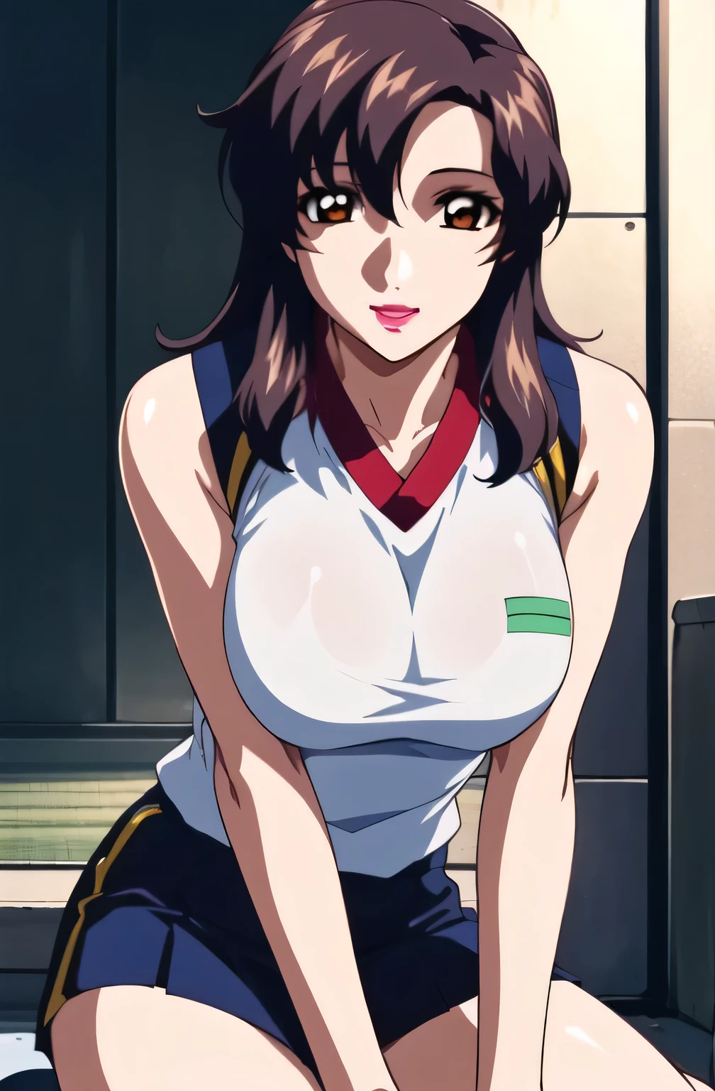 masterpiece, best quality, <lora:misumirin-nvwls-v1-000008:0.8> misumirin, low ponytail, hair ribbon, serafuku, short sleeves, white shirt, blue skirt, armband, (huge breasts:0.9), looking at viewer, furrowed brow, pout, cowboy shot, hallway, from above