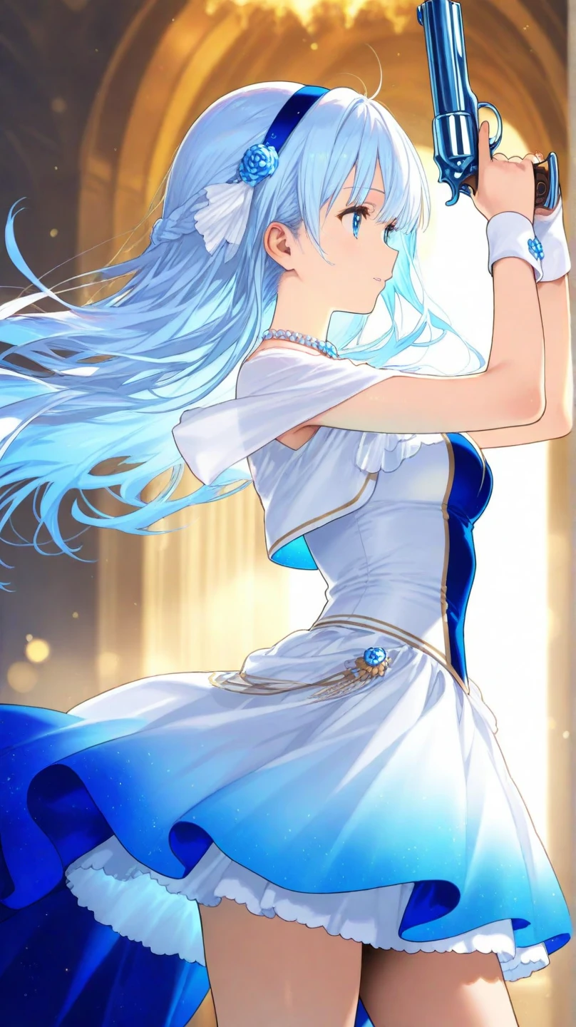 Anime older girl with long gray hair and gray eyes, wearing a flowy dress that follows her movements with bangles and bracelets on her wrist and a veil on her head, with bright decorations surrounding her