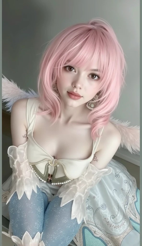 masterpiece, best quality, view from above, closeup shot, upperbody shot, 1girl, pink hair, large breasts, white bikini, white sandals, sitting on the beach, looking at viewer, emotionless,
<lora:breasts_squeezed_together_v0.2:0.8>, breasts squeezed together , v arms,
<lora:ikaros-nvwls-v1:0.85>, ikaros, robot ears, twintails, ribbon, angel wings, choker, chain,bracers, 
beach,