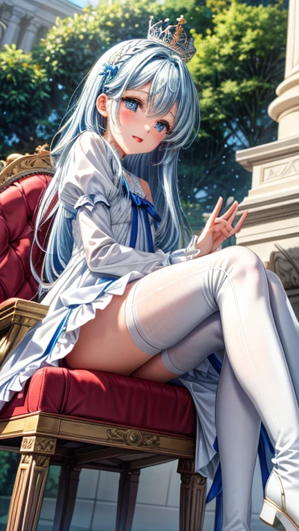 8K, Ultra High Definition, Super detailed, Shiny detailed hair, detailed face, fantasy landscape, solo, looking at viewer, {{best quality}}, {{masterpiece}}, {{ultra-detailed}}, {detailed light}, ultra high quality eyes, detailed eyes, perfect eyes, large eyes, detailed blue eyes, white hair, long hair, adorned hair, beautiful, skinny body, white skin, slutty, erotic, suggestive, sitting with legs open, open legs, blushing, open mouth, ahegao, ((nsfw))