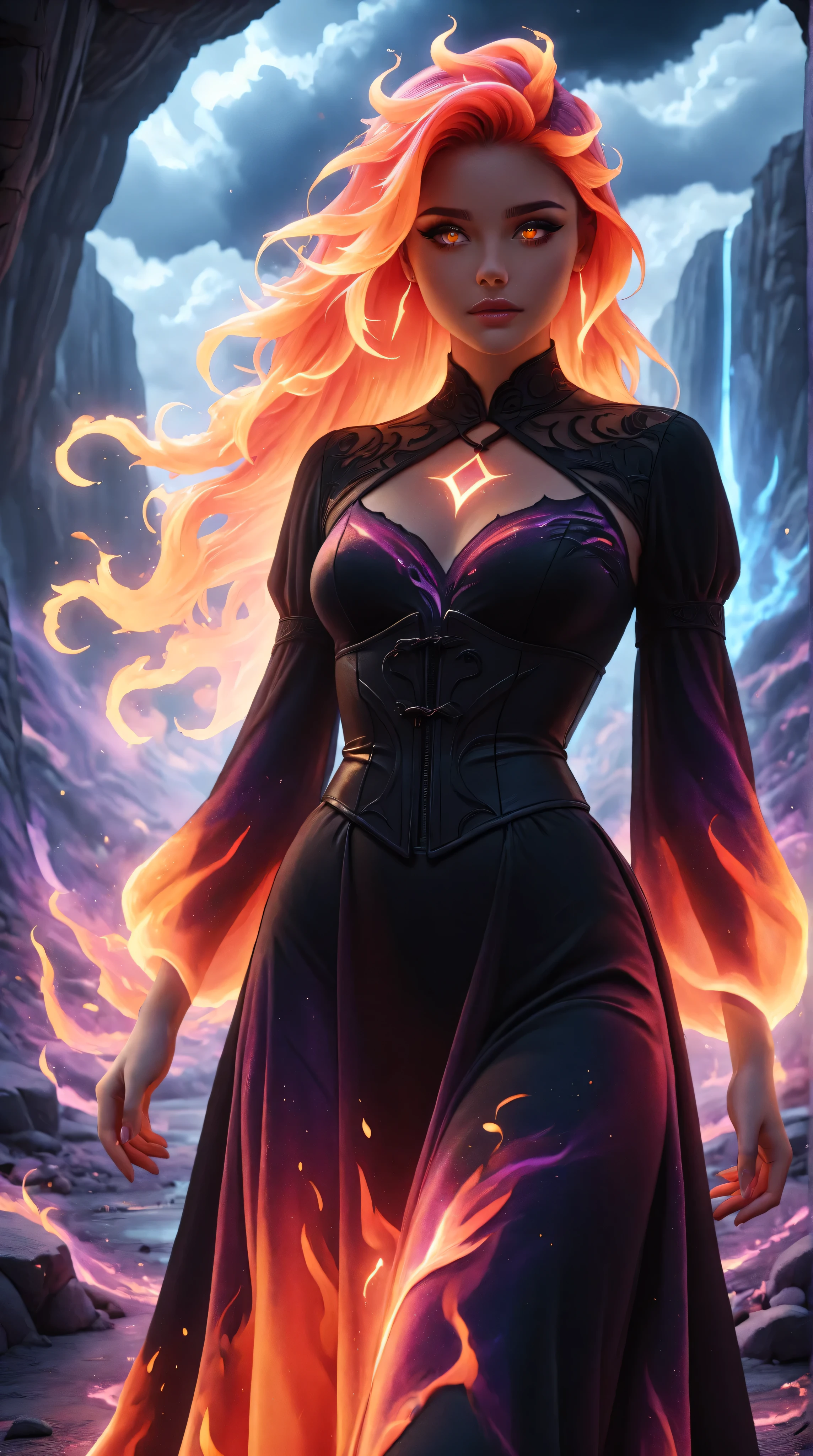 An enigmatic young, beautiful woman dressed in flaming magenta and black corset dress, stands against a backdrop of tumultuous, cloud-like mist. Her long, flowing fiery magenta hair cascade like liquid fire down her sides and back, contrasting starkly with the dark, rocky terrain below. Her captivating magenta eyes pierce the night. The ambient mist swirls with energy, illuminated faintly by her magic celestial magenta flames, evoking a sense of foreboding and ancient power.