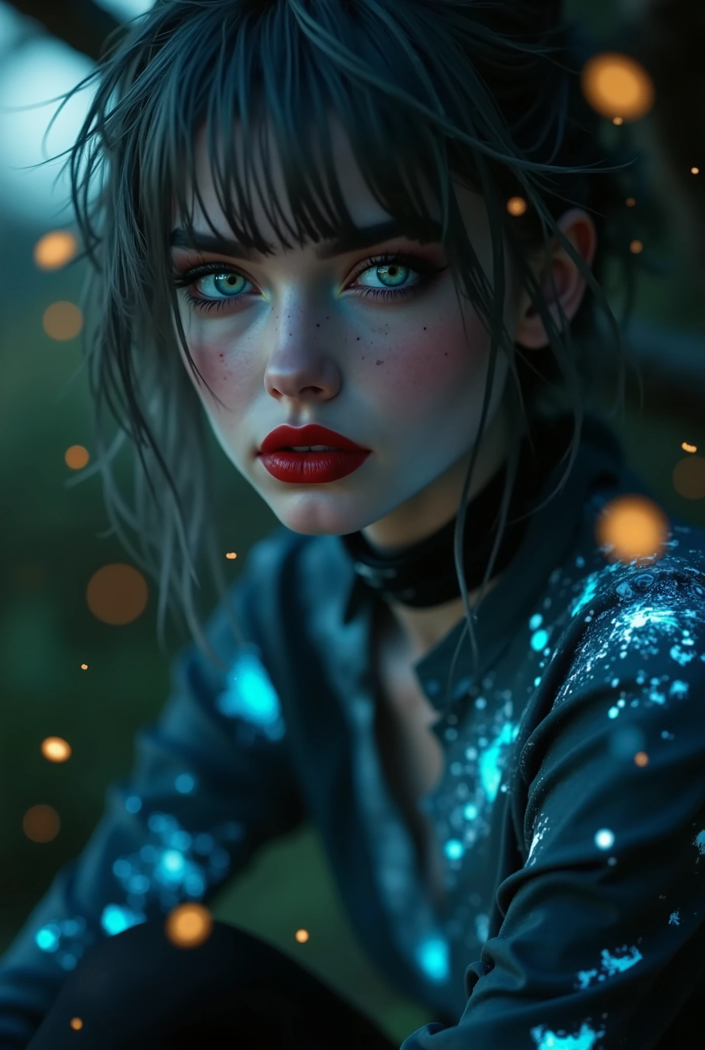 ((RAW Photo), Absurds, (Absurd Resolution)), (masterpiece, best quality), ((hyperrealism, photorealistic)), (the most beautiful girl, beautiful, indifferent), freckled, (green eyes), (gray hair, disheveled), (red lips), sexy pose, (A.I. uniform, LIGHT FABRIC, Science Fiction), (sitting on a tree branch), her outfit lights up the surroundings, night, fireflies, intricate and luminous details, ((she looks down attentively at the viewer, with defiance)). (from below, Photographic Perspective)). «SunPuma S»