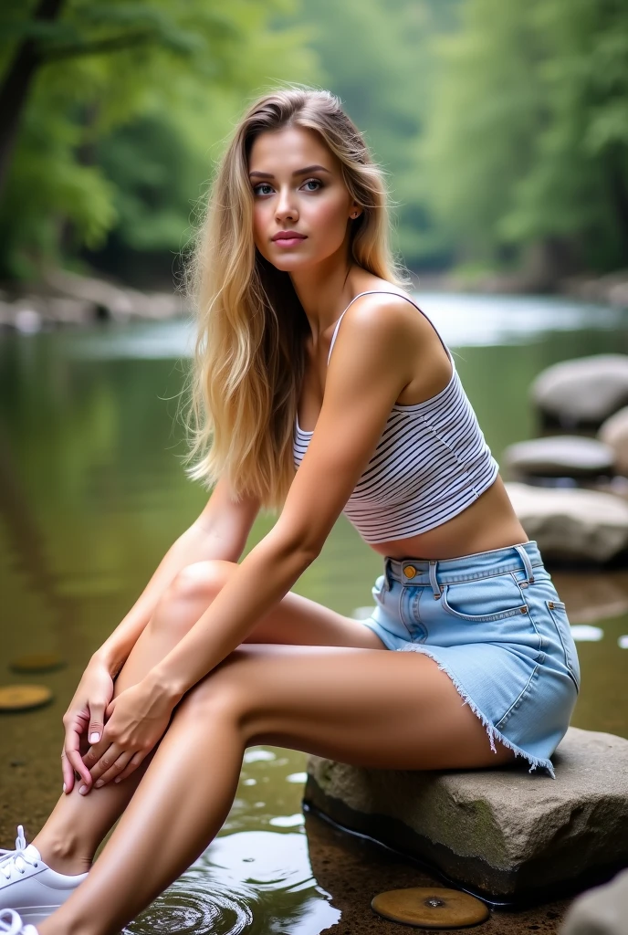 young blonde woman sitting on a rock