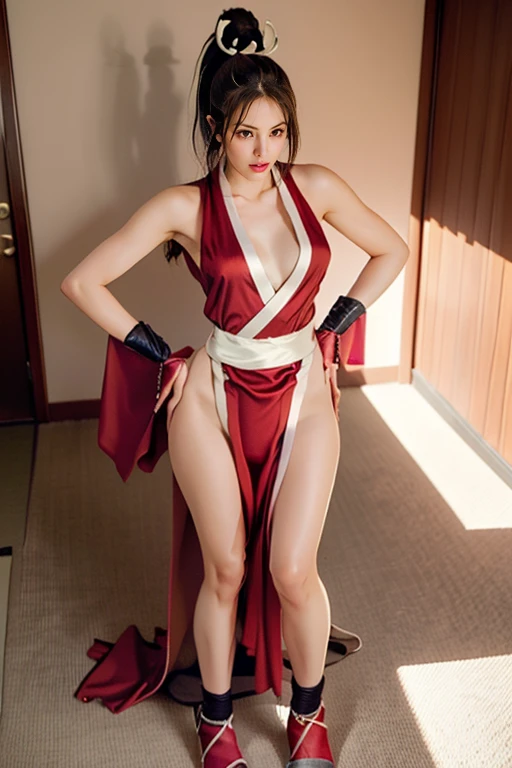 mai shiranui, Brown eyes, The whole body is reflected,Toes are visible, Standing, Full body, Prestige, Long hair, Brown hair, White ribbon, Sleeveless, poneyTail, sash, pelvis curtain, arm guards, mitts, tabi, fascinated expression, Sexy eyes, medium breasts, Smile, Cute, view the viewer, Long hair, Close to Japan temple, (breasts focus:1.2), (Realistic:1.2), (Full Shot: 1.2), (Realism), (masutepiece:1.2), (Best Quality), (ultra-detailliert), (8K, 4K, Convoluted), (85 mm), light Particle, Lighting, (Highly detailed:1.2), (Detailed face:1.2), (gradients), SFV, Colorful, (Detailed eyes:1.2), (Detailed temples of Japan: 1.2),(Detailed background), (Dynamic Angle:1.2), (Dynamic Pose:1.2), (Line of action:1.2), Wide Shot, Daylight, Solo.