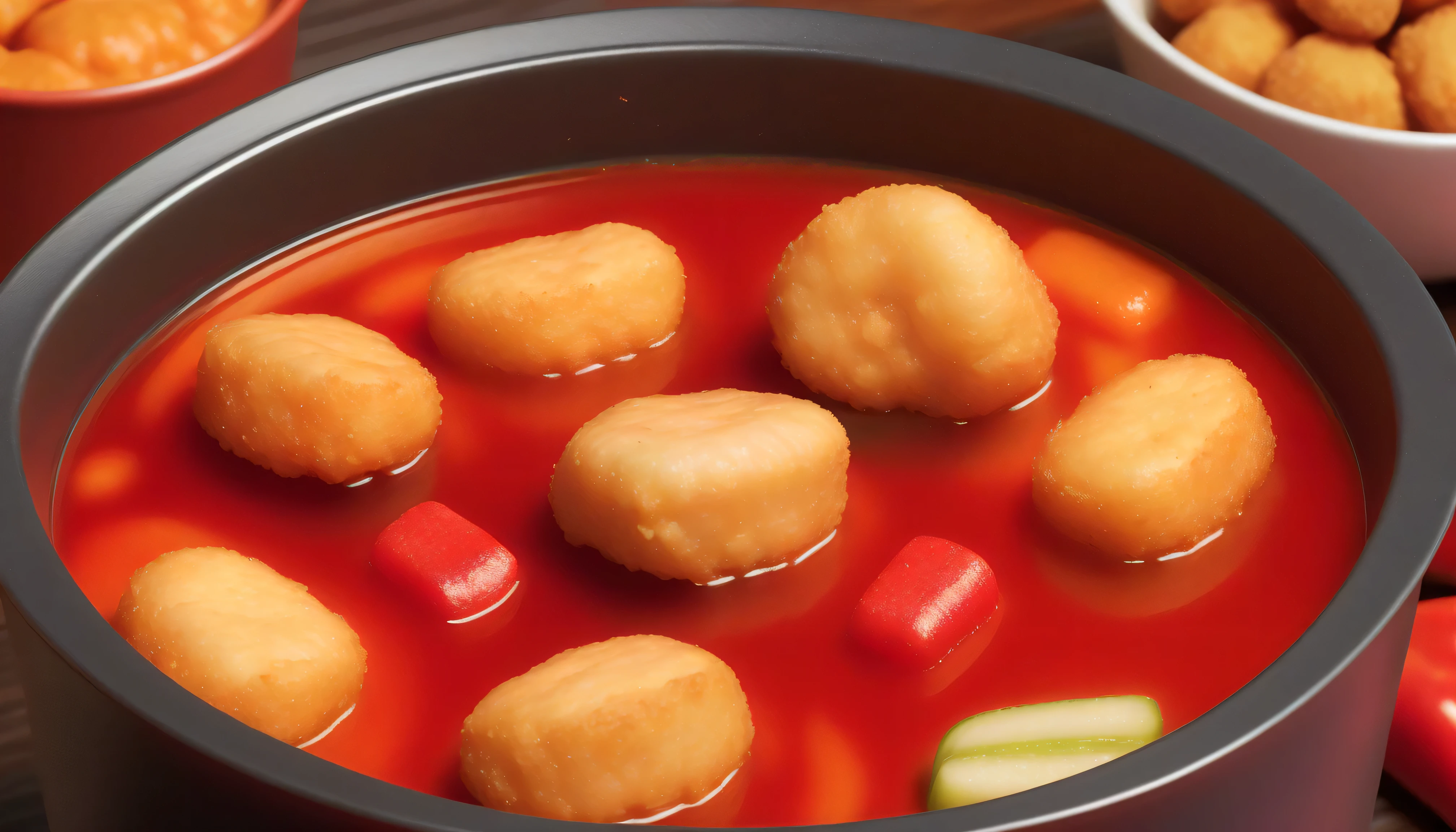 A realistic picture of a spicy hot pot full of chicken nuggets. The soup should be thick and red, indicates its spicy properties, the peppers and peppercorns are clearly visible. The chicken pieces should be completely submerged, absorbs the flavor of the soup. the hot pot should release steam, The surroundings should suggest a traditional or modern hot pot restaurant environment. The lighting should highlight the bright color of the soup and the texture of the chicken nuggets, Make the dish look attractive and mouth-watering, Otkara