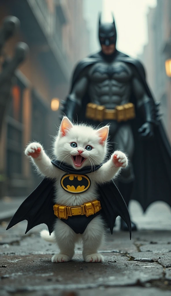 A cute and happily smiling white kitten is dancing, Dressed like Batman's clothes and in the background Batman is behind him