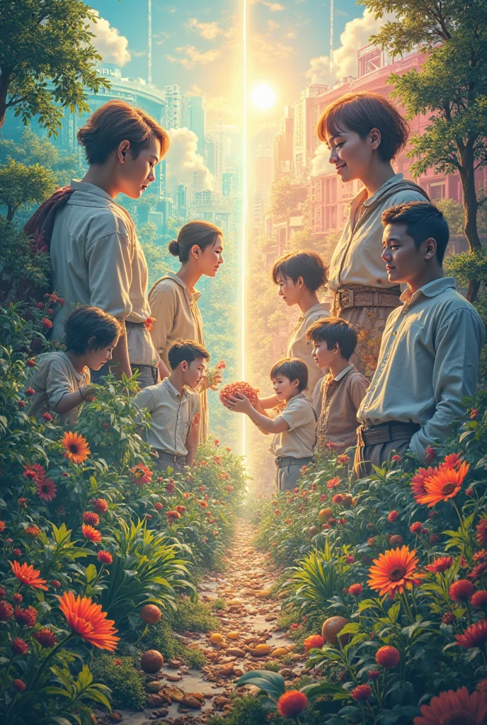 A subrealistic image with 7 young people and a boy with brown hair touching a statue