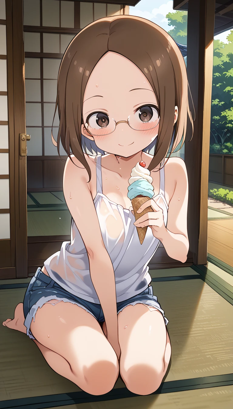 Hanayo Koizumi, hanayo　Koizumi, short hair, Brown Hair, Purple eyes,Big Breasts,happy smile,Open your mouth, smile,Black-rimmed glasses,Green Tank Top,white string underwear,barefoot,Holding ice cream in both hands,Eating ice cream,Sitting on the sofa,whole bodyがイラストに入るように,Daytime,Clear skies,Sweat,　　　　　　　　　　　　　　　　　　　break looking at viewer, whole body,(Cowboy Shot:1. 5) 　　　　　　　　　　　　　　　　　　　break indoors,  　　　　　　　　　　　break (masterpiece:1.2), Highest quality, High resolution, unity 8k wallpaper, (shape:0.8), (Beautiful attention to detail:1.6), Highly detailed face, Perfect lighting, Extremely detailed CG, (Perfect hands, Perfect Anatomy),