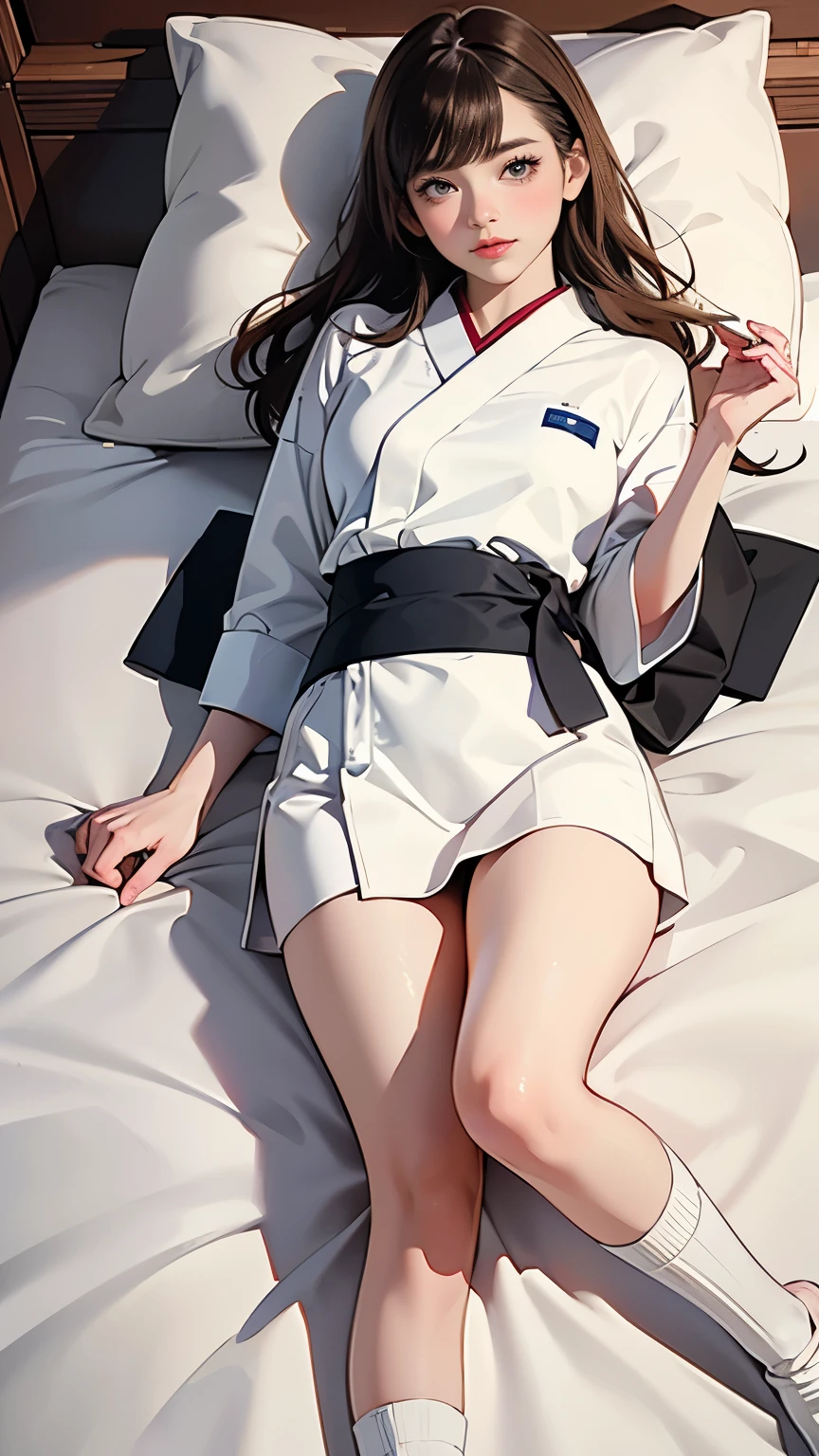 ((best quality, 8k, masterpiece:1.3, realistic:1.3)), {{Super Realistic Blonde Beauties Lying in Bed, from above, body pillow}}, Japanese , Single women, very light brown hair , with bangs, (Japan uniform, socks, thighs are thick,Store songs on the cotton side), highly detailed face and skin textures, beautiful eyes, lip details, you'You are very good at drawing hair, Facing the ren, In the heat, embarrassing looks , natural makeup:1.0,skirt flipping,(I'm wearing light grey side string full back high leg pants)、(From the back)、I'm going to inject it into my butt now