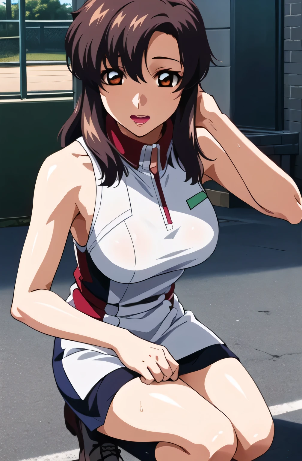 Super high quality CGI animation 8k, very detailed, Digital Art Painting, 1 girl, Happy, smile, looking at the viewer, blunt bangs blunt ends princess cut bangs, black hair, very long hair, big breasts,training wear,Both shoulders_exposed,spats,training gym,
