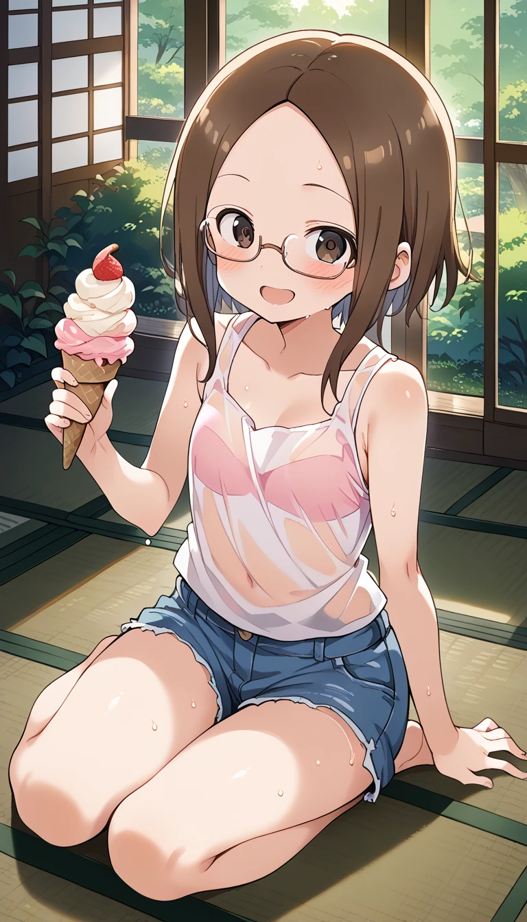 Hanayo Koizumi, hanayo　Koizumi, short hair, Brown Hair, Purple eyes,Big Breasts,happy smile,Open your mouth, smile,Black-rimmed glasses,Green Tank Top,white string underwear,barefoot,Holding ice cream in both hands,Eating ice cream,Sitting on the sofa,whole bodyがイラストに入るように,Daytime,Clear skies,Sweat,　　　　　　　　　　　　　　　　　　　break looking at viewer, whole body,　　　　　　　　　　　　　　　　　　　break indoors, room, 　　　　　　　　　　　break (masterpiece:1.2), Highest quality, High resolution, unity 8k wallpaper, (shape:0.8), (Beautiful attention to detail:1.6), Highly detailed face, Perfect lighting, Extremely detailed CG, (Perfect hands, Perfect Anatomy),