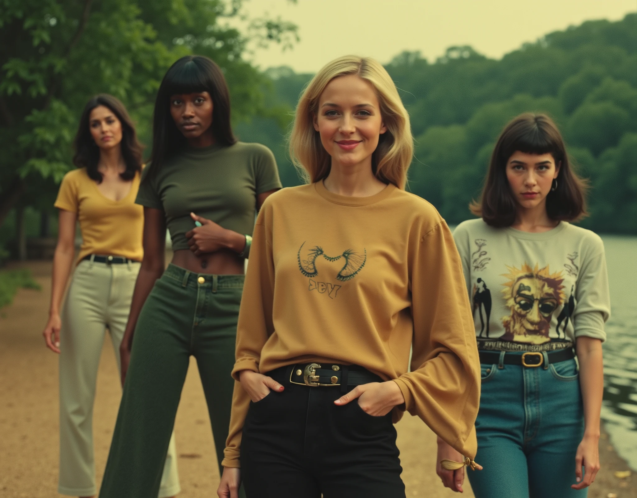 Cinematic photography, eye-level view of a high-fashion magazine cover featuring three models in stylish vintage outfits. The models include a blonde woman, a Black woman, and an Asian woman, each dressed in 1970s-inspired attire, such as graphic t-shirts, high-waisted flared jeans, and elegant accessories. They stand confidently near a serene riverside, surrounded by lush green trees, evoking a nostalgic yet timeless atmosphere. The composition is well-balanced, with the blonde model in the foreground smiling softly at the viewer, while the Black and Asian models pose slightly behind her, gazing into the distance with poised expressions. The image features enhanced depth of field, making the foreground crisp while subtly blurring the background, adding cinematic realism. Soft, natural lighting accentuates their facial features and clothing textures. A retro 1970s analog film filter, with warm slightly yellowish tones, subtle grain, and mild fading effects, reinforces the vintage aesthetic, making the image feel like an authentic fashion editorial from the past.