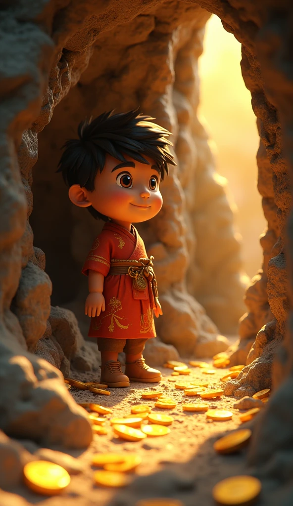 The boy wearing a kumarn thong outfit stands next to a conch shell in the wooden house.