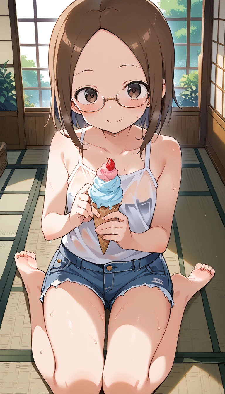 Hanayo Koizumi, hanayo Koizumi, short hair, Brown Hair, Purple eyes,Big Breasts,happy smile,Open your mouth, smile,Black-rimmed glasses,Green Tank Top,white string underwear,barefoot,barefoot,Holding ice cream in both hands,Eating ice cream,Sitting on the sofa,whole bodyがイラストに入るように,Daytime,Clear skies,Sweat, break looking at viewer, whole body, break indoors, room, break (masterpiece:1.2), Highest quality, High resolution, unity 8k wallpaper, (shape:0.8), (Beautiful attention to detail:1.6), Highly detailed face, Perfect lighting, Extremely detailed CG, (Perfect hands, Perfect Anatomy),