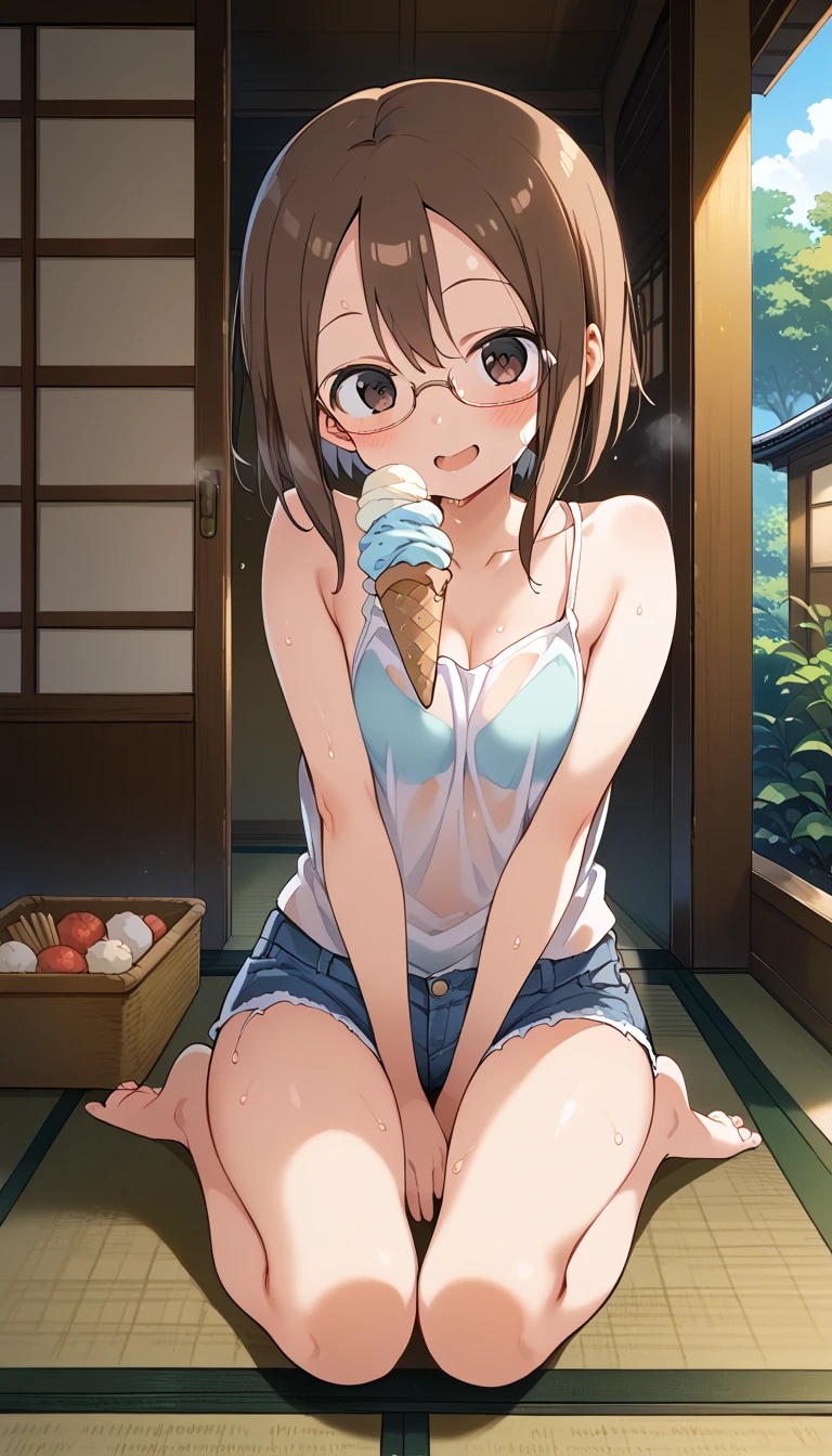 (((masterpiece, Highest quality, High resolution, 超High resolution, Perfect Pixel, Depth of written boundary, 4K, RTTX 10.0))), Beautiful Anime Women, Beautiful art style, Anime characters, ((Smooth texture, Realistic texture, Anime CG Style)), Exact finger count、Exact number of legs、(Exact number of arms:1.0, Exact number of hands:1.0), (Perfect hands, Perfect Anatomy.1.5), Cinematic, Realistic, Extremely detailed CG, Daytime lighting, Perfect lighting, Best Shadow, The best natural light, Perfectly balanced style, Perfect body, (Slender body:1), whole body, ((bangs, Dark brown hair, Bobcut)), ((A woman is standing and licking an ice cream candy in her hand:1.4)), ((Beautiful eyelashes)), ((Detailed face:1.2)), (Fashionable white shirt, Sailor collar, Knee-high socks:1.3), (セクシーでcute水色パンティ, Shiny satin side-tie panties, Light blue panties with a plain center and lace decoration on the sides, Ultra-detailed panty folds:1.3), (Open your mouth wide, drool dripping from the tongue:1.5), ((close your eyes:1)), ((cute, Sighing expression)), (Embarrassed expression:1.3), (blush:1.1), (Sexual pleasure facial expressions:1.4), (Facial expressions that put up with the toilet:1.2), Patience is the limit, On the brink of climax, (Beach, Resort:1.3), Angle from the front