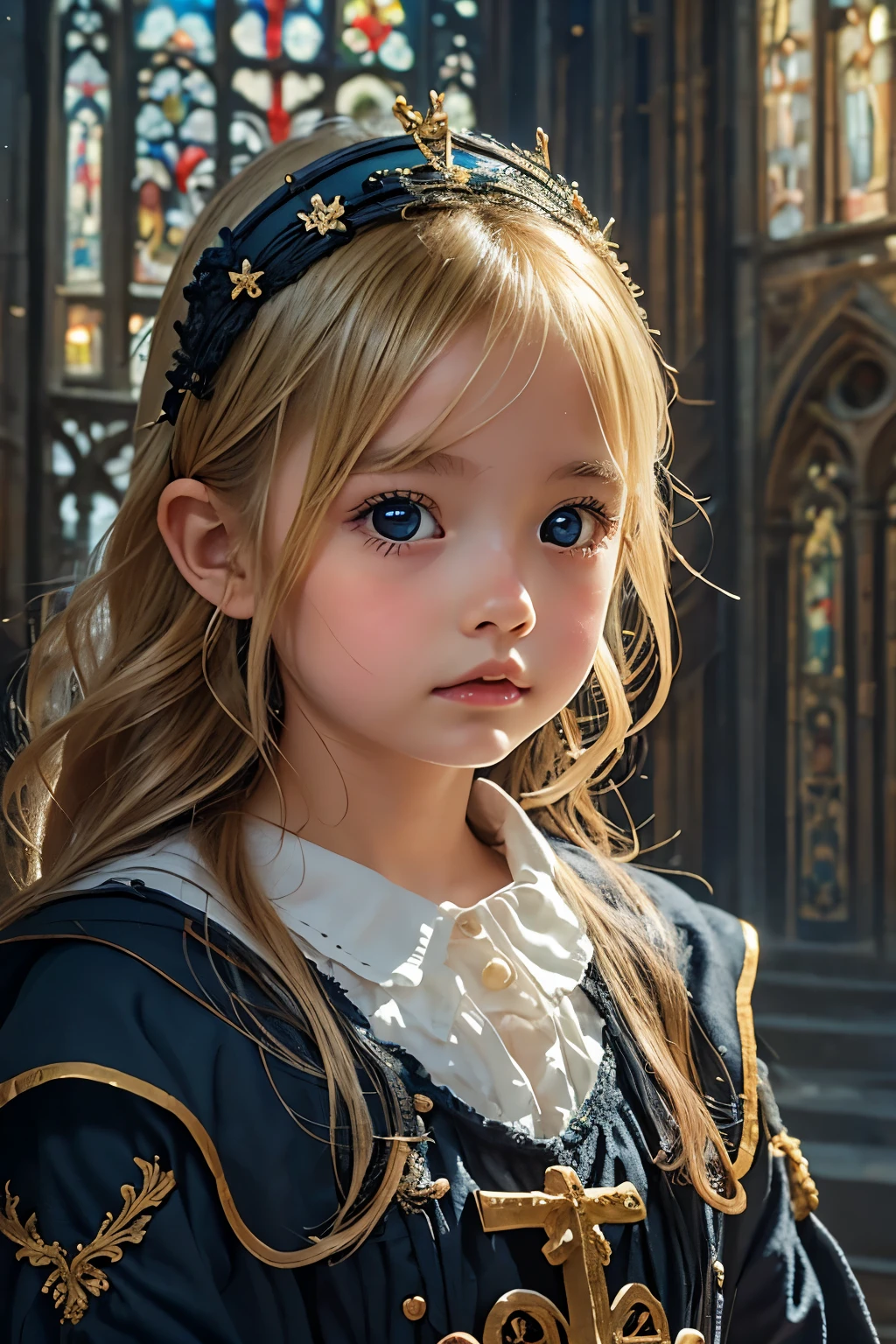 menina encantadora com grandes olhos cinzas positivos, tem o cabelo enrolado e uma boca grande, It has a delicate appearance, usa um vestido de princesa e tem por volta de uns 17 anos, ela esta em um castelo medieval, And there's an expression of fear, ela tem um rosto oval,