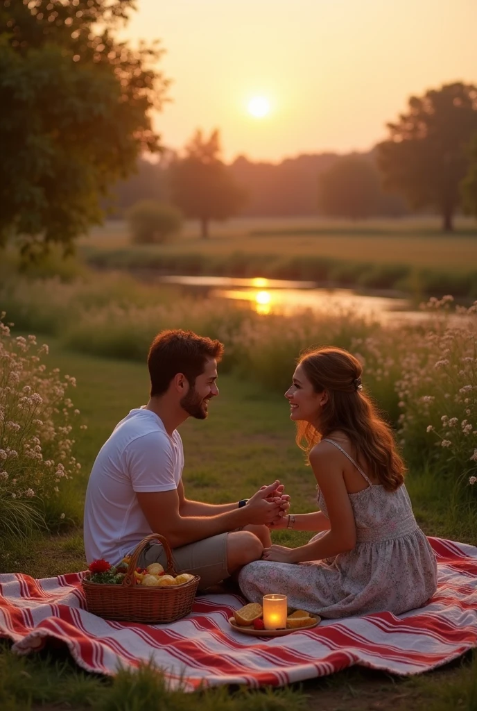 Create a picture for me (my husband and I) in an open agricultural area interspersed with grass and flowers, and near us is a running river. We are sitting on our red and white striped rug that we spread on the ground, and our picnic basket, from which we take out the delicious food that we prepared together. On the rug we placed a small light bulletin to create a romantic atmosphere... The time is sunset, that is, with the sunset and almost the beginning of night, and we are in the midst of laughter and romantic looks.