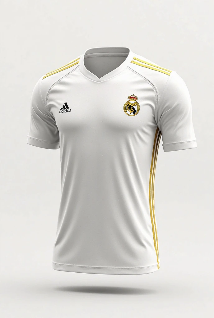 Real Madrid football shirt, white color with thin light green lines on the shoulders, black and light red