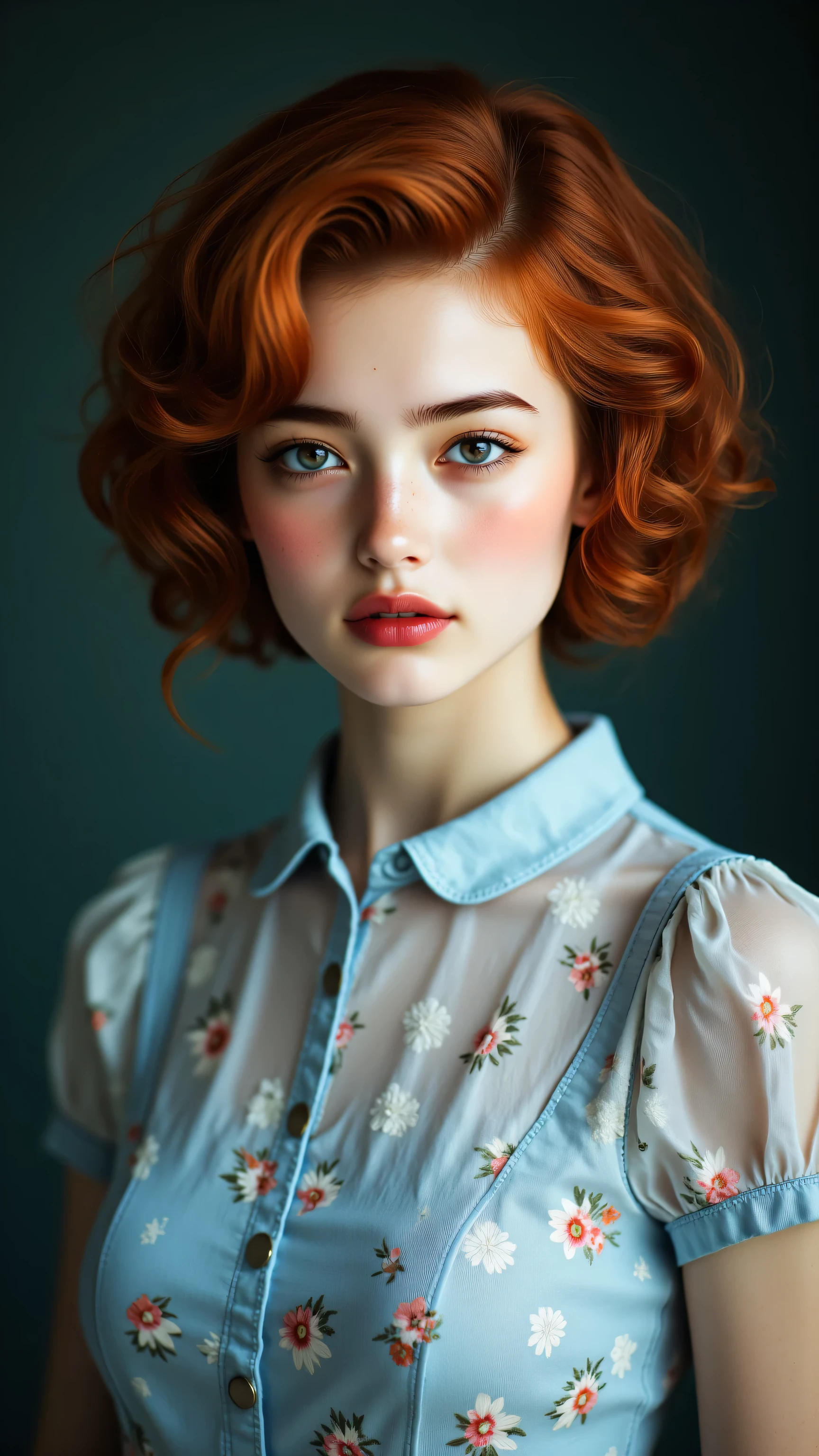 A woman with red hair and blue shirt posing for a photo - SeaArt AI