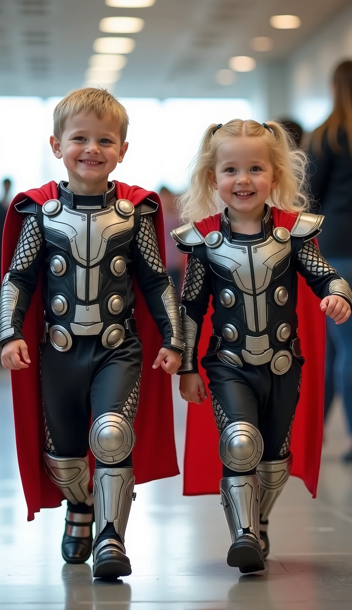 character: 1 baby boy, and 1 baby girl. They have Russian faces.
action: Walk straight and look straight ahead.
Expression : smiling.
Costume : they Wearing futuristic thor body suit
Background : A bright indoor public space , with people vaguely seen in the distance, shows that this picture was taken at a fun event or get-together, maybe a convention or costume . They radiate happiness as they walk confidently in their superhero costumes. Show the whole body.