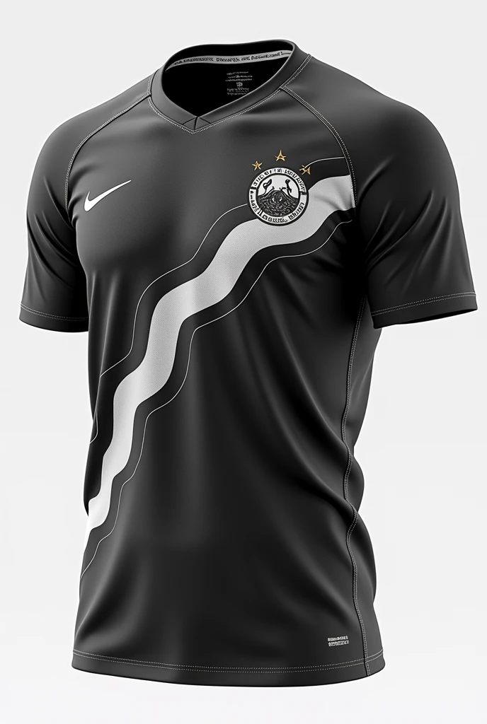 A minimalist all-black soccer team uniform, A symbol of a train seen from the front in high relief on the right side of the chest