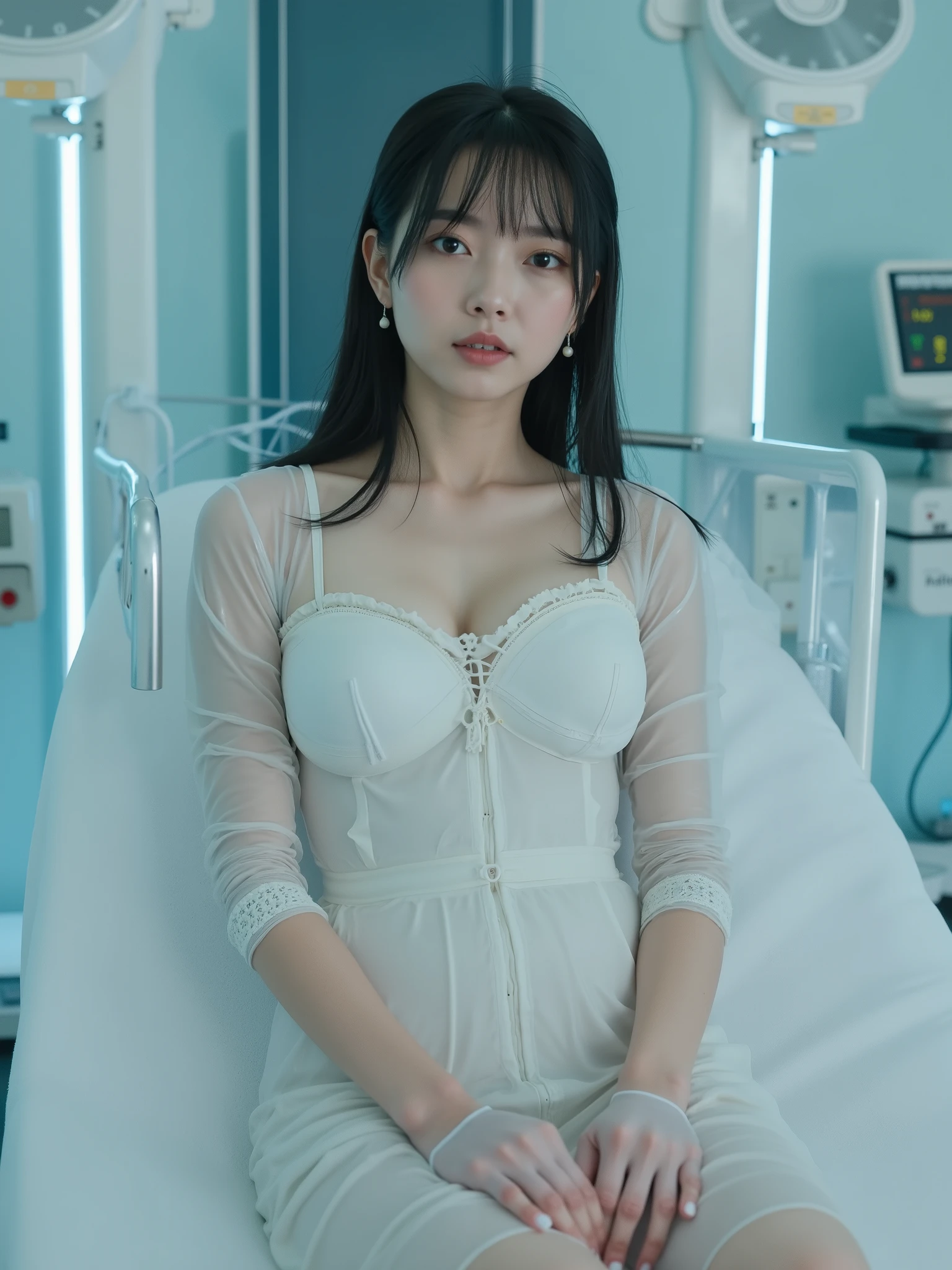 movie, Masterpiece, particularly high detail ,16k ,gynecology examination roon , A beautiful young Korean girl is wearing a white translucent reflective latex dress , Ebony Straight Hair , beautiful young Japanese girl , Big Saggy Breasts , breathing device showing mammary glands , White and smooth skin ,light makeup, Exquisite Pentagon , Beautiful Exposed Hands , Lying on an Inclined Transparent Operating Table , Two Obstetrics Nurses Next to the Operating Table, 1 Pregnant Woman Wears a Clear Latex Dress ,1 obstetrician examining a girl's stomach、Insert a Tube into the Girl's Mouth, Left front view