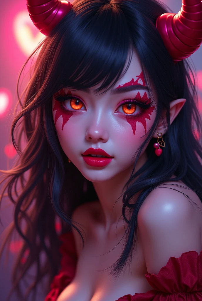 A girl wearing (((red))) hoodie with devil horn on it, red pupil, red lips with small fang