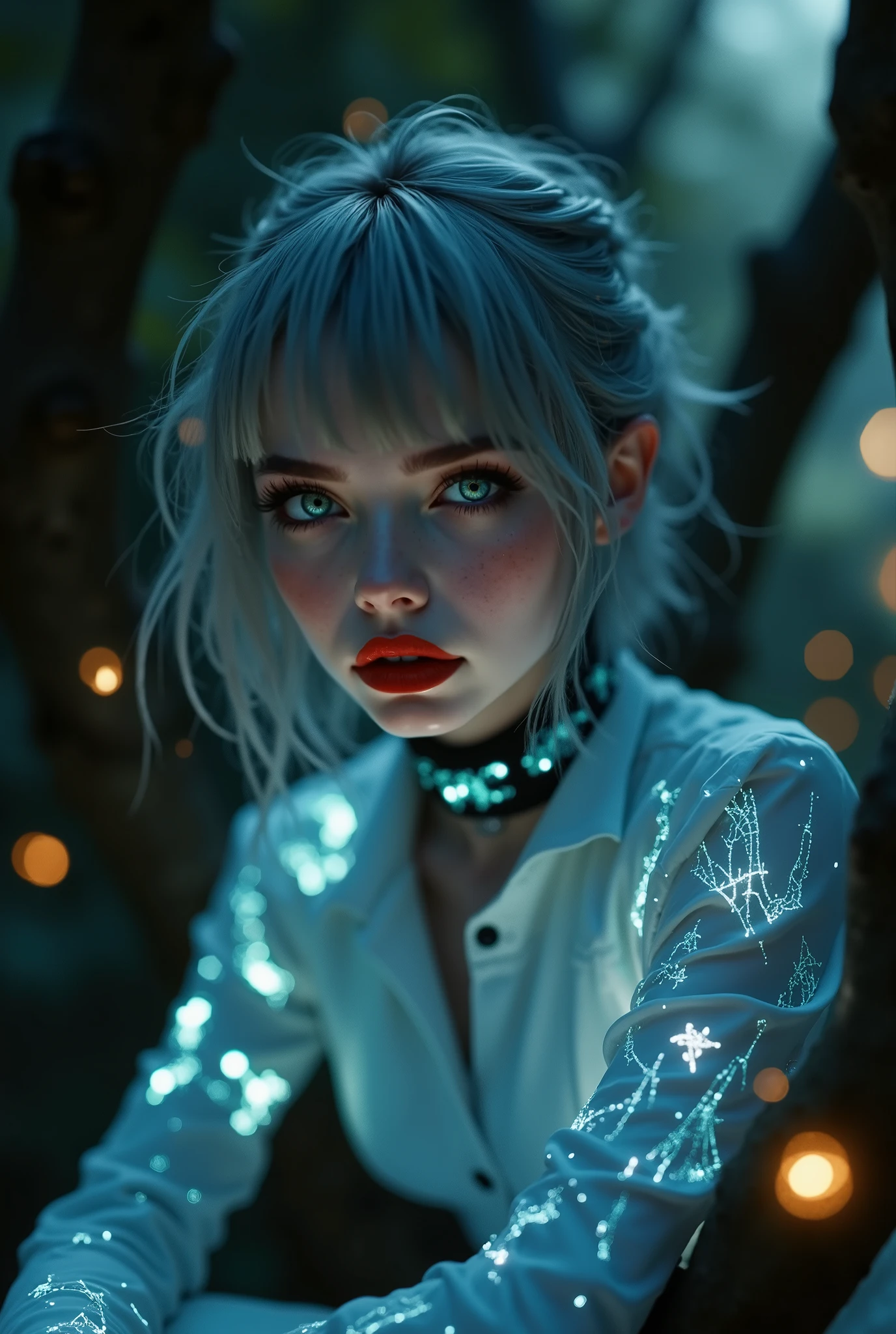 ((RAW Photo), Absurds, (Absurd Resolution)), (masterpiece, best quality), ((hyperrealism, photorealistic)), (the most beautiful girl, beautiful, indifferent), freckled, (green eyes), (gray hair, disheveled), (red lips), sexy pose, (A.I. uniform, LIGHT FABRIC, Science Fiction), (sitting on a tree branch), her outfit lights up the surroundings, night, fireflies, intricate and luminous details, ((she looks down attentively at the viewer, with defiance)). (from below, Photographic Perspective)). «SunPuma S»
