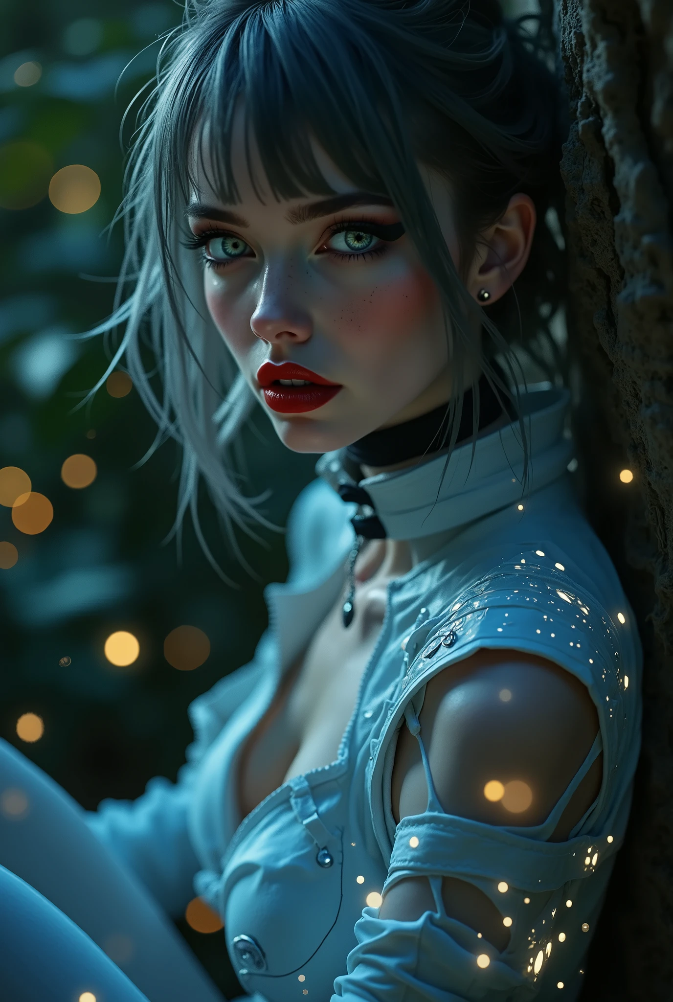 ((RAW Photo), Absurds, (Absurd Resolution)), (masterpiece, best quality), ((hyperrealism, photorealistic)), (the most beautiful girl, beautiful, indifferent), freckled, (green eyes), (gray hair, disheveled), (red lips), sexy pose, (A.I. uniform, LIGHT FABRIC, Science Fiction), (sitting on a tree branch), her outfit lights up the surroundings, night, fireflies, intricate and luminous details, ((she looks down attentively at the viewer, with defiance)). (from below, Photographic Perspective)). «SunPuma S»