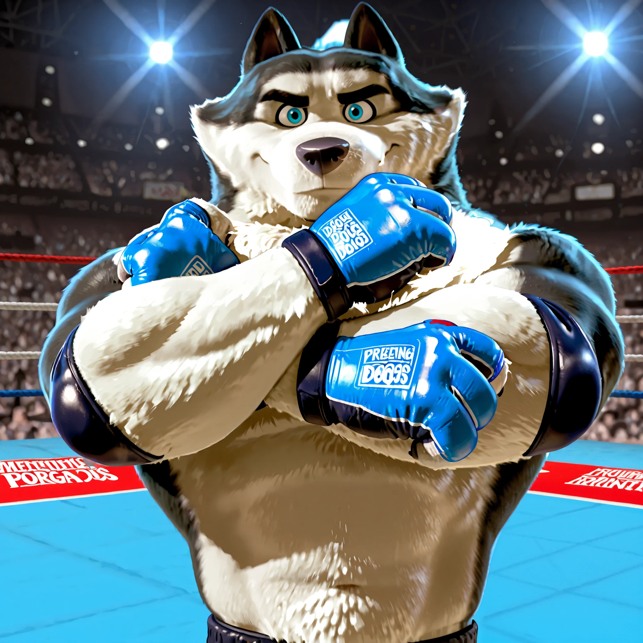 Duke (Arctic Dogs), anthro dog, black fur, white fur, male, blue eyes, high quality, half body, solo, fighting arena background, (blurry background), thick arms, muscular, shirtless, MMA gloves with knuckle pads, fingerless gloves, blue elbow pads, championship, stern face, looking at viewer, (pretending to hug), close-up, flexing, thick muscles