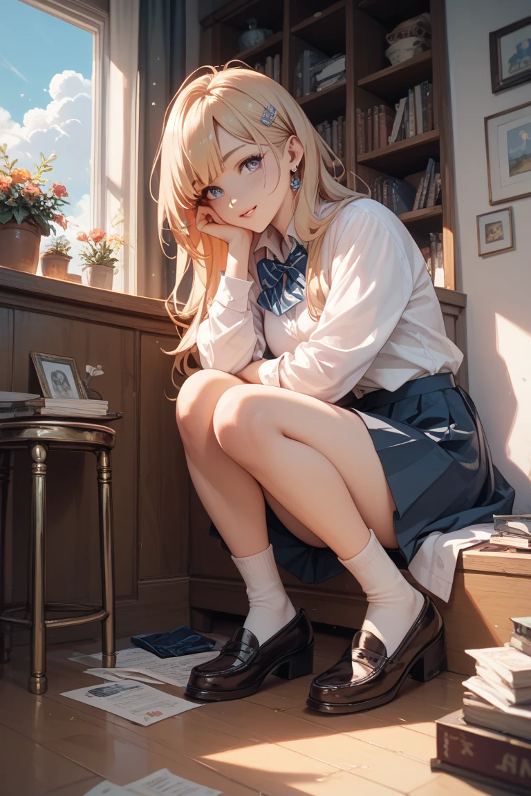 ((Lace panties)),((high school girl)),((school uniform)),((White blouse)),(((Pleated mini skirt))), ((A shy smile)),((Beautiful legs)),((Beautiful feet)),((squat)),Ultra-high resolution, Mature Woman, Mature Woman, Very detailed, ((Big Breasts)), Perfect hands, Detailed fingers, Beautiful details, (((school uniform))),((Long blonde hair)),((Twin tails)),Black choker, Earrings,loafers,(Black Pantyhose), (Black Stockings),Perfect Eyes, Seductive eyes, School stairs,Are standing