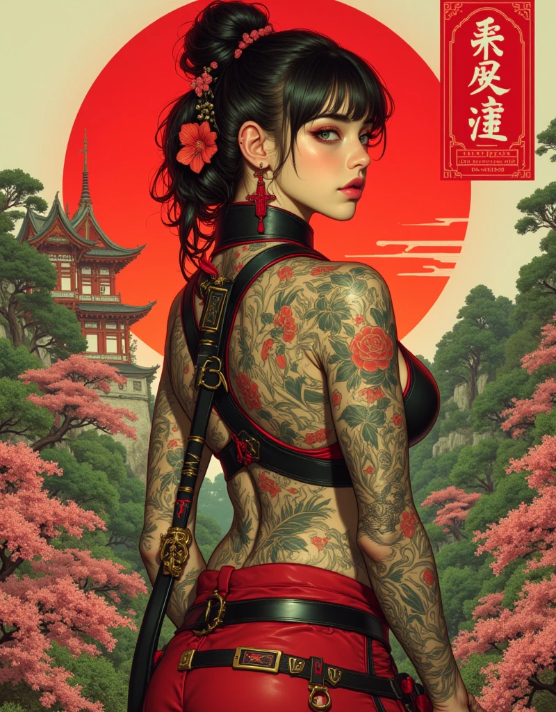 (best quality, sketch:1.2),realistic,illustrator,anime, Woman with tattoos on her arms and chest, Cyberpunk art inspired by Masamune Shirow, Art Station, Gothic art, Then Martin, Then Martin artwork portrait, Frank Cho, ArtJam and ilya kuvshinov, Chris Moore. ArtJam, ArtJam greg rutkowski _ greg, shohei otomo black and red gradient background,neon hair,textured cropping, masterpiece, style retro classic, noir style , Japanese style, ((monochrome)) cleavage, crop top