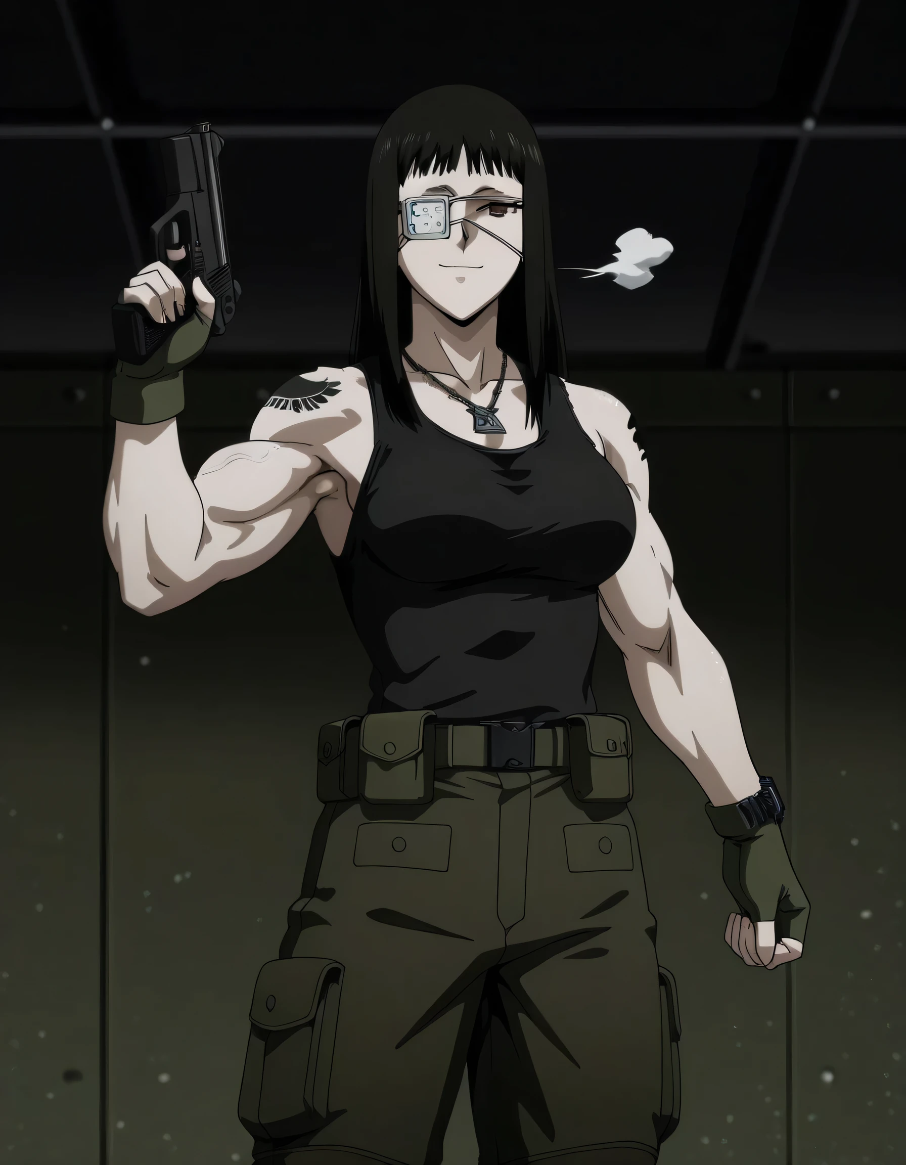 1girl,solo,mm,mature female,black hair,eyepatch,brown eyes,medium breasts,anime coloring,long hair, muscular, black sport Elastic fiber tank top and dark black loose military combat trousers with belt,cowboy shot,in military base, ,masterpiece,best quality,amazing quality,,muscles and,muscles lines,muscles big size,pelvis muscles,strength muscles looking,dynamic air,Valmet handsome face,eight-pack,iron muscles,Bulge between legs indicates non erect penis in pants, sporting attractiveness sexual attractiveness,standing in victory pose,sexual muscles,light smile, eight-pack,sexy eight-pack, military troops around the base,reviewing from side Valmet,wearing military black combat boots,, raise hand up in air,Qblique muscles,serratus anterior muscles,iron pelvis muscles,iron Qblique muscles,iron serratus anterior muscles,sexy pelvis muscles,bluge between valmet legs indicates she have a penis inside her trousers,valmet have a penis,Valmet wearing green military jacket with long sleeves,full wear jacket,Valmet wearing combat green gloves fingerless,Valmet wearing military chains necklace,one hand wearing wristwatch,armpit appear,Valmet trousers Equipped with equipment and weapons, military tattoo on Valmet shoulder,Valmet hand hold pistol