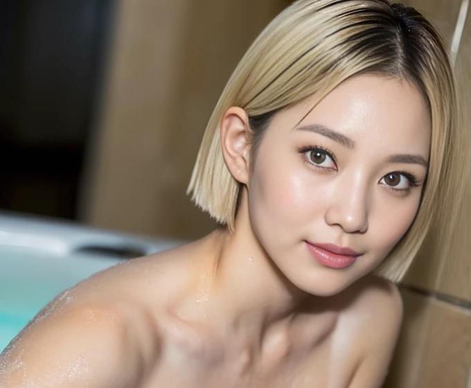 1girl, white hair, purple eyes, portrait, realistic, towel, (onsen), sidelighting, wallpaper, nsfw,