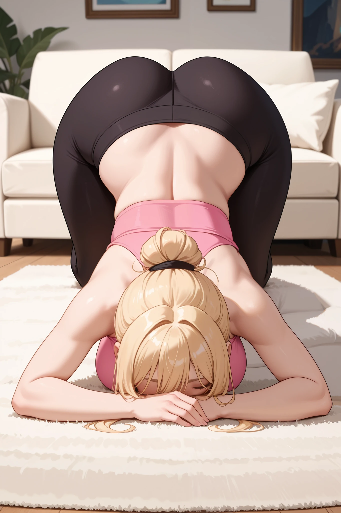 1girl, large breasts, living room, on all fours, face down ass up, blonde hair, tied hair, pink crop top, black leggings, front facing, facing viewer