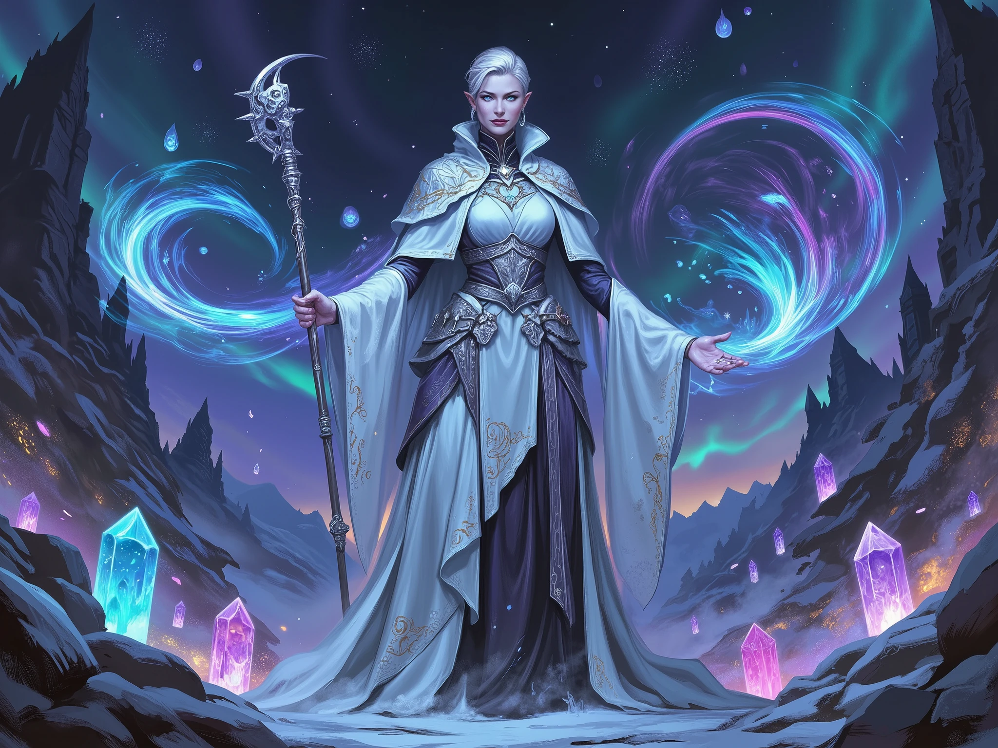 An enigmatic and androgynous Dungeons & Dragons character inspired by Tilda Swinton, standing in a surreal, otherworldly landscape filled with floating crystals and shifting shadows. She is a high-level sorceress or archvillain, exuding an aura of mystery, elegance, and immense power. Her face is strikingly unique, with sharp, angular features, piercing blue eyes, and an expression that is both serene and unsettling. Her short, platinum-blonde hair is styled in a sleek, androgynous cut, adding to her ethereal appearance. She wears a flowing, asymmetrical robe in shades of white, silver, and pale blue, with intricate patterns that seem to shift and change as if alive. The fabric glows faintly, as if infused with arcane energy.
In one hand, she holds a slender, crystalline staff, its surface refracting light into a spectrum of colors. In the other hand, she channels a swirling vortex of energy, forming a spell that distorts the air around her. The ground beneath her feet is covered in frost, and the air is filled with a faint, eerie hum. The background features surreal, floating islands, glowing orbs of light, and a sky filled with swirling auroras, creating an atmosphere of otherworldly beauty and danger.
(fantasy style, highly detailed, vibrant colors, dynamic posing, intricate clothing designs, dramatic lighting, magical atmosphere, digital painting, masterpiece, best quality, inspired by Dungeons & Dragons and Tilda Swinton)