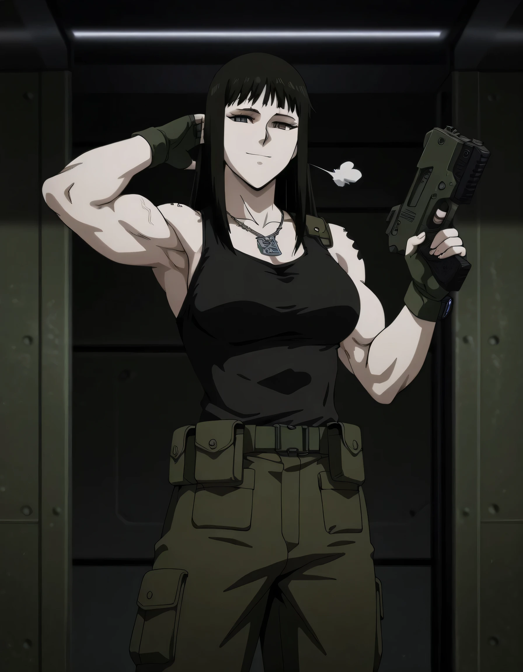 1girl,solo,mm,mature female,black hair,brown eyes,medium breasts,anime coloring,long hair, muscular, black sport Elastic fiber tank top and dark black loose military combat trousers with 2 belt,cowboy shot,in military base, ,masterpiece,best quality,amazing quality,,muscles and,muscles lines,muscles big size,pelvis muscles,strength muscles looking,dynamic air,Valmet handsome face,eight-pack,iron muscles,Bulge between legs indicates non erect penis in pants, sporting attractiveness sexual attractiveness,standing in victory pose,sexual muscles,light smile, eight-pack,sexy eight-pack, military troops around the base,reviewing from side Valmet,wearing military black combat boots,, raise hand up in air,Qblique muscles,serratus anterior muscles,iron pelvis muscles,iron Qblique muscles,iron serratus anterior muscles,sexy pelvis muscles,bluge between valmet legs indicates she have a penis inside her trousers,valmet have a penis,Valmet wearing green military jacket with long sleeves,full wear jacket,Valmet wearing combat green gloves fingerless,Valmet wearing military chains necklace,one hand wearing wristwatch,armpit appear,Valmet trousers Equipped with equipment and weapons, military tattoo on Valmet shoulder,Valmet hand hold pistol,