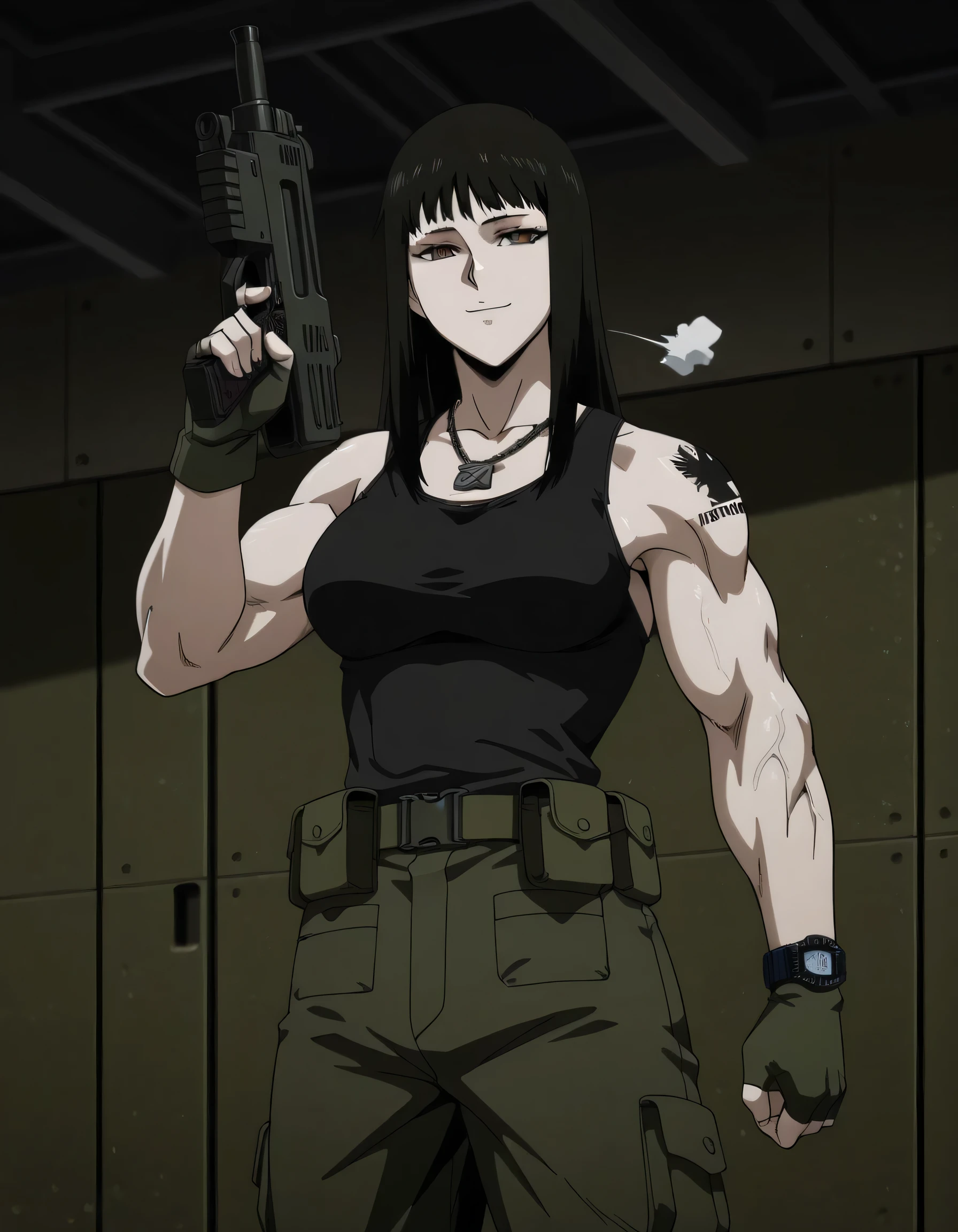 1girl,solo,mm,mature female,black hair,brown eyes,medium breasts,anime coloring,long hair, muscular, black sport Elastic fiber tank top and dark black loose military combat trousers with 2 belt,cowboy shot,in military base, ,masterpiece,best quality,amazing quality,,muscles and,muscles lines,muscles big size,pelvis muscles,strength muscles looking,dynamic air,Valmet handsome face,eight-pack,iron muscles,Bulge between legs indicates non erect penis in pants, sporting attractiveness sexual attractiveness,standing in victory pose,sexual muscles,light smile, eight-pack,sexy eight-pack, military troops around the base,reviewing from side Valmet,wearing military black combat boots,, raise hand up in air,Qblique muscles,serratus anterior muscles,iron pelvis muscles,iron Qblique muscles,iron serratus anterior muscles,sexy pelvis muscles,bluge between valmet legs indicates she have a penis inside her trousers,valmet have a penis,Valmet wearing green military jacket with long sleeves,full wear jacket,Valmet wearing combat green gloves fingerless,Valmet wearing military chains necklace,one hand wearing wristwatch,armpit appear,Valmet trousers Equipped with equipment and weapons, military tattoo on Valmet shoulder,Valmet hand hold pistol,