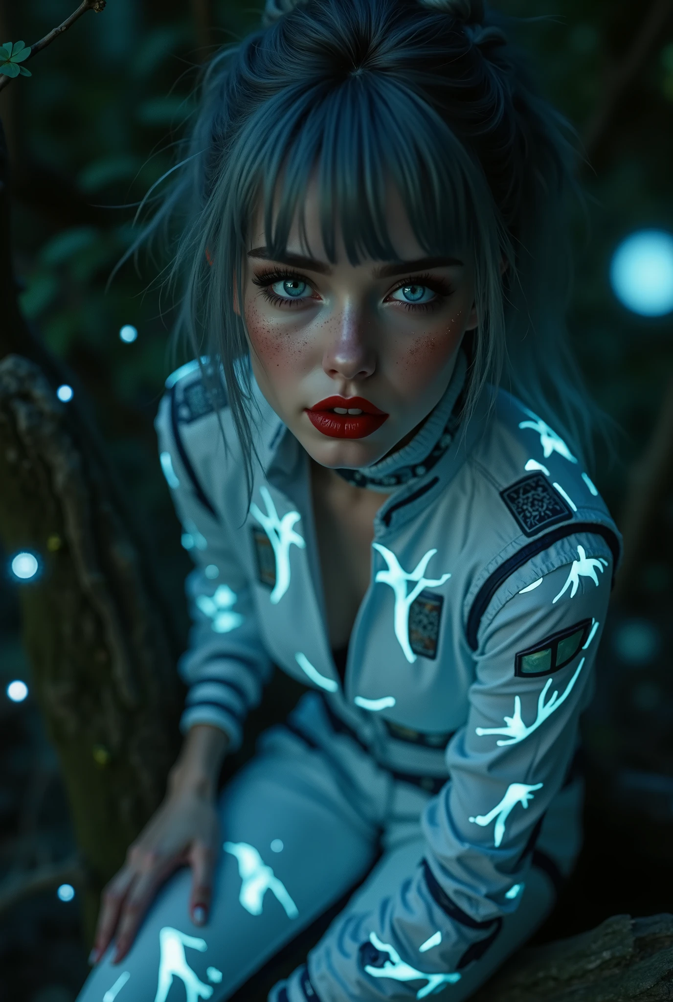 ((RAW Photo), Absurds, (Absurd Resolution)), (masterpiece, best quality), ((hyperrealism, photorealistic)), (the most beautiful girl, beautiful, indifferent), freckled, (green eyes), (gray hair, disheveled), (red lips), sexy pose, (A.I. uniform, LIGHT FABRIC, Science Fiction), (sitting on a tree branch), her outfit lights up the surroundings, night, fireflies, intricate and luminous details, ((she looks down attentively at the viewer, with defiance)). (from below, Photographic Perspective)). «SunPuma S»